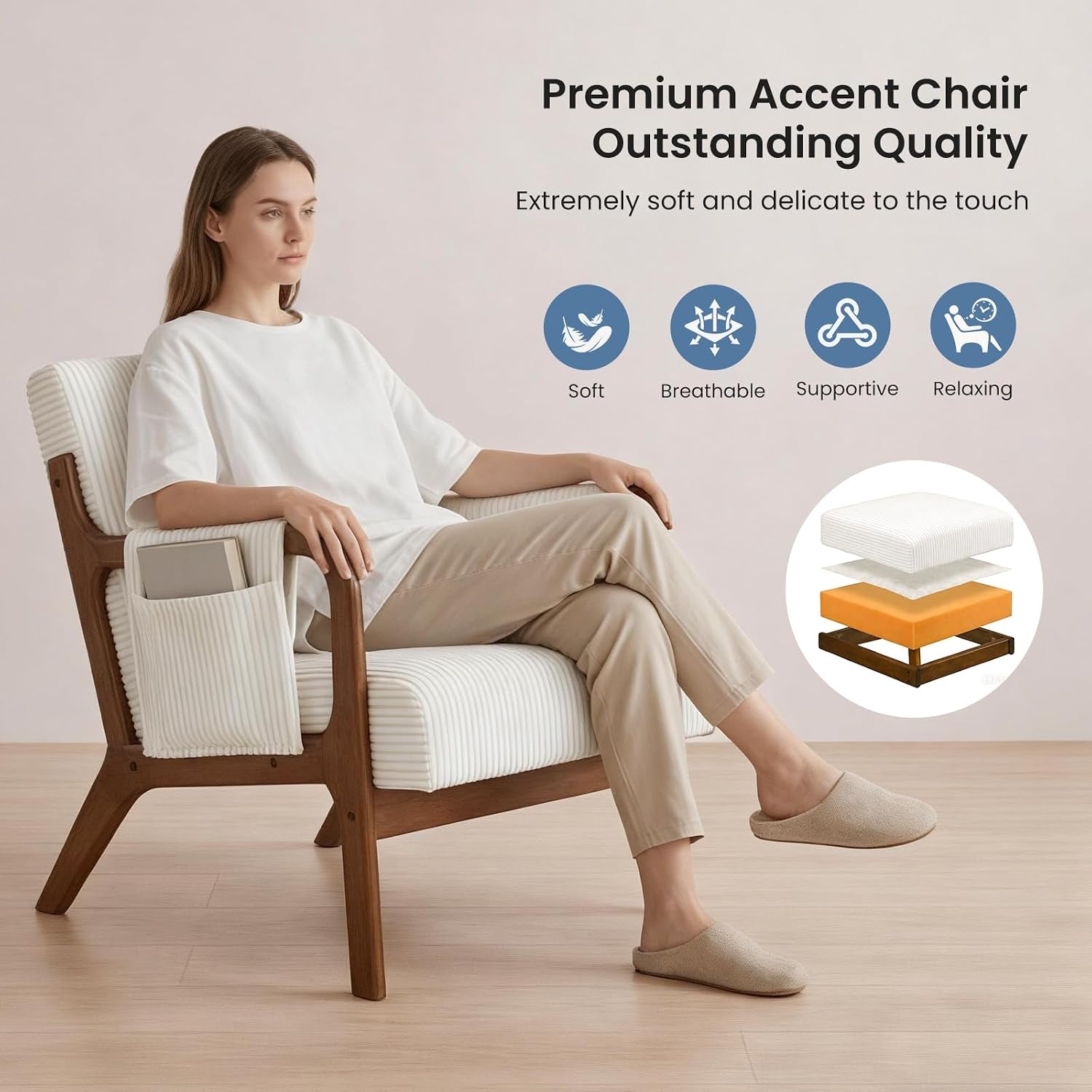 Person seated in beige accent chair showing side pocket and removable lumbar pillow from a front-side angle