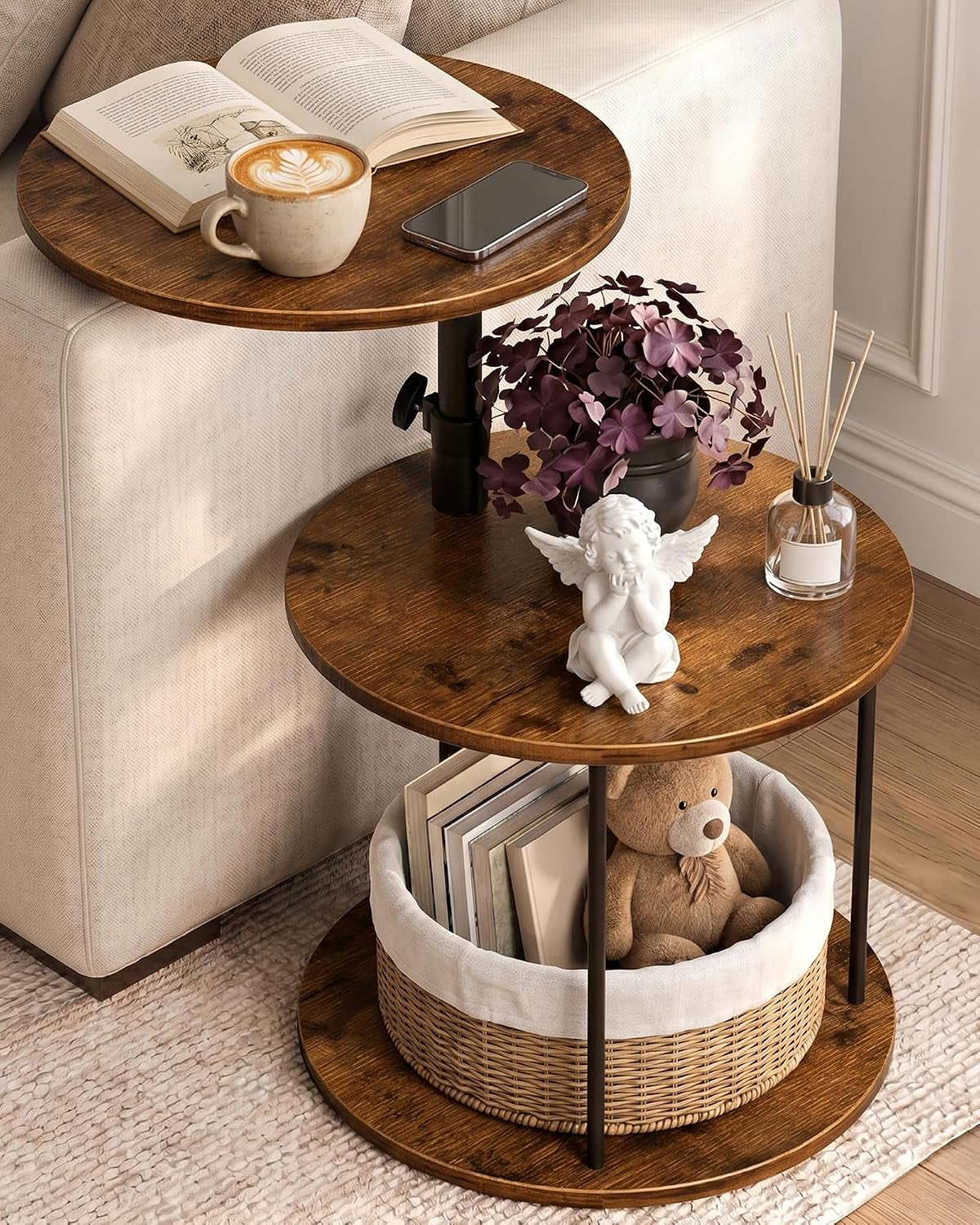 Three-tier round side table in rustic brown beside a sofa, top shelf with coffee and book, basket on bottom shelf