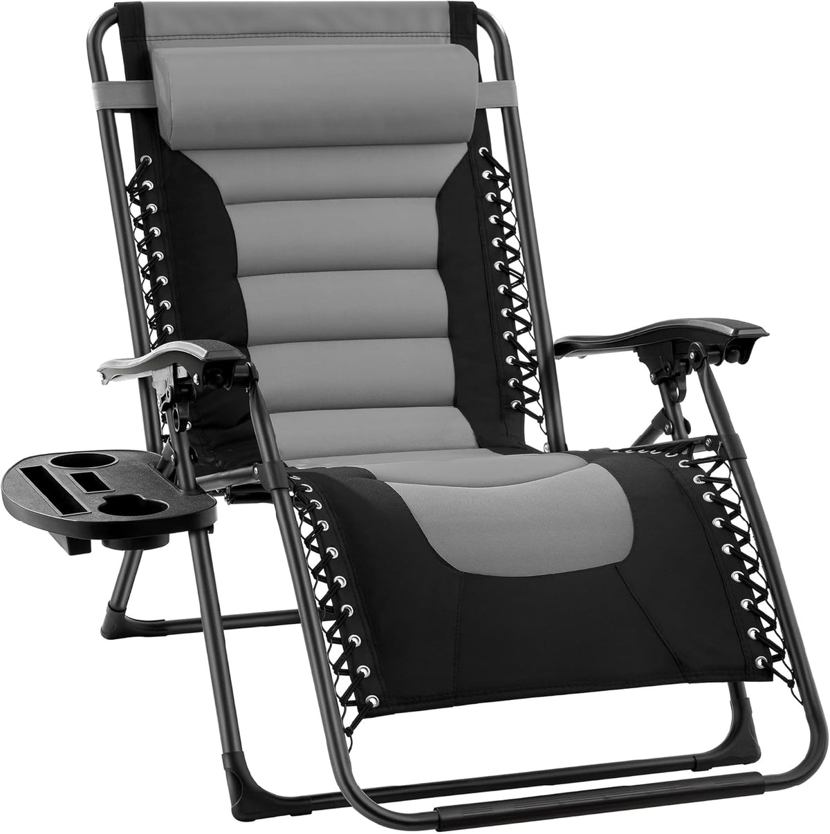 Black and gray zero-gravity recliner with detachable tray on a white background