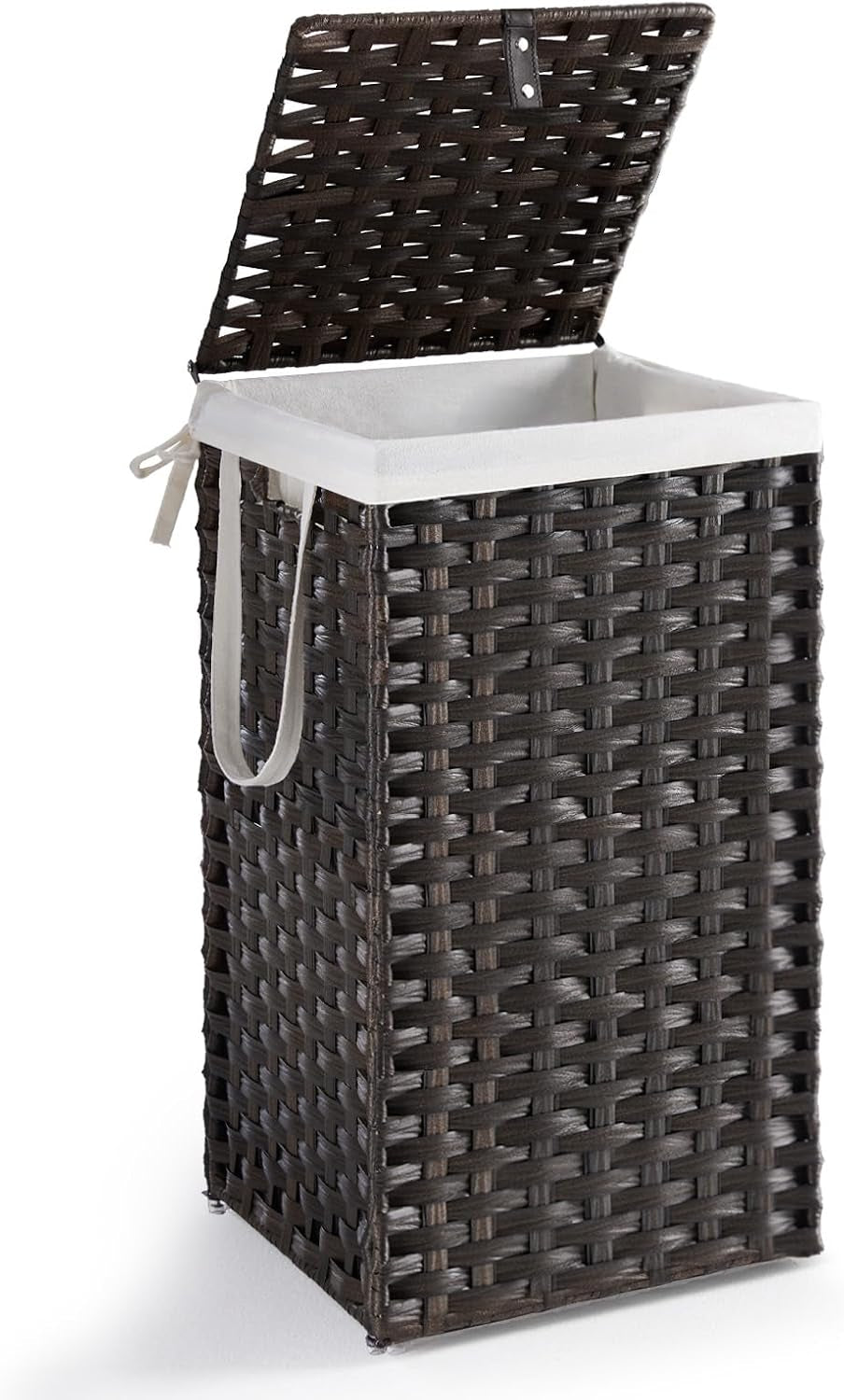 Three-quarter view of dark-brown woven hamper with lid propped open, looped fabric handle and liner ties visible