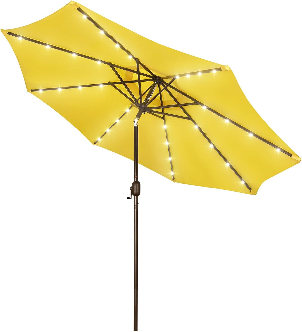 Bright yellow patio umbrella open viewed from underneath, LEDs glowing along the ribs and brown pole visible.