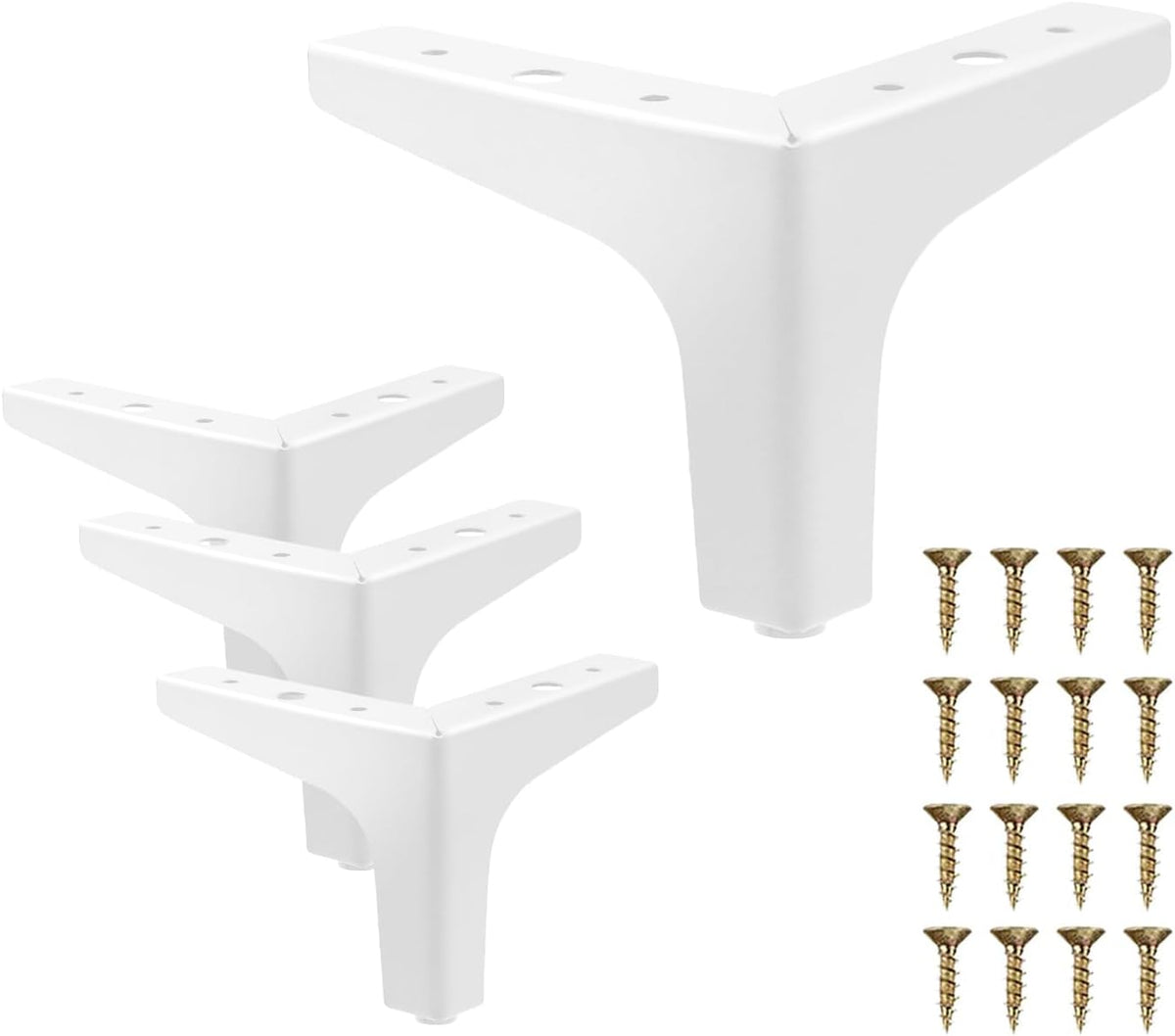 Three white triangular metal sofa legs displayed with a column of gold mounting screws