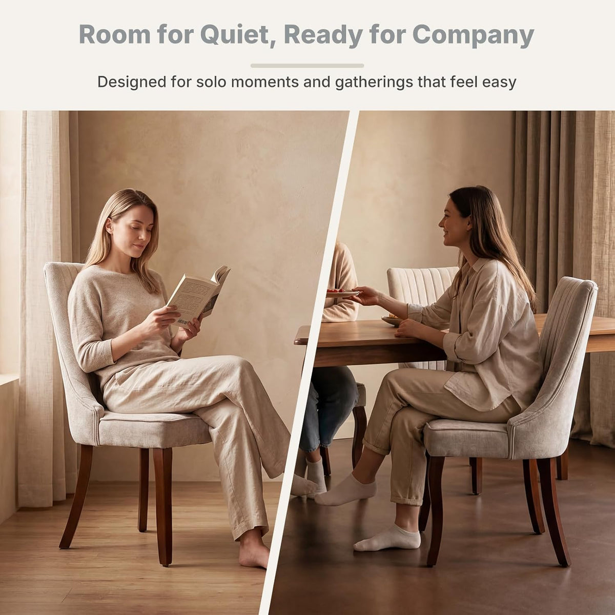 Split lifestyle views showing a person reading and another person dining while seated in beige upholstered high-back chairs
