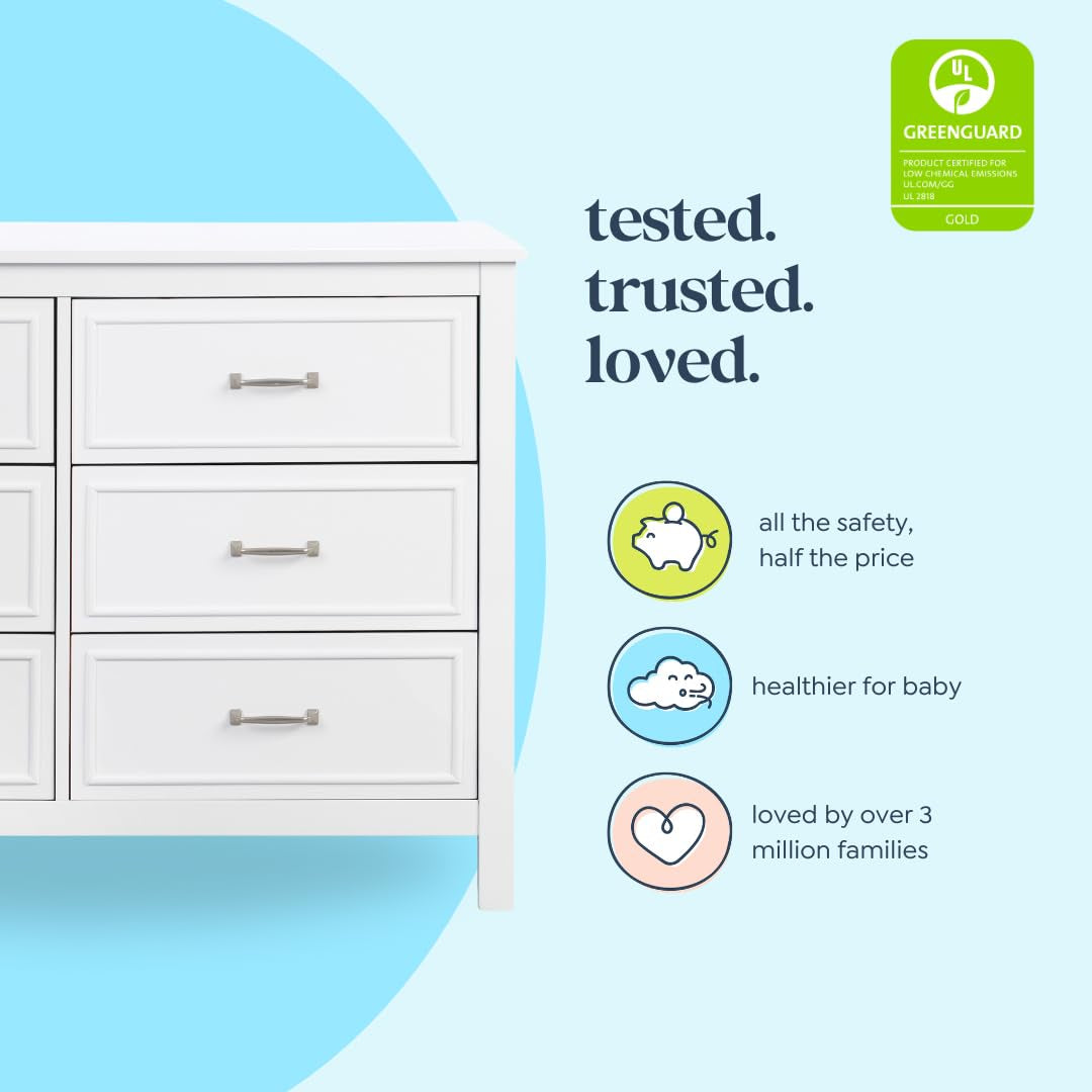 Left half of a white six-drawer dresser against a blue background with safety icons and a GREENGUARD badge.