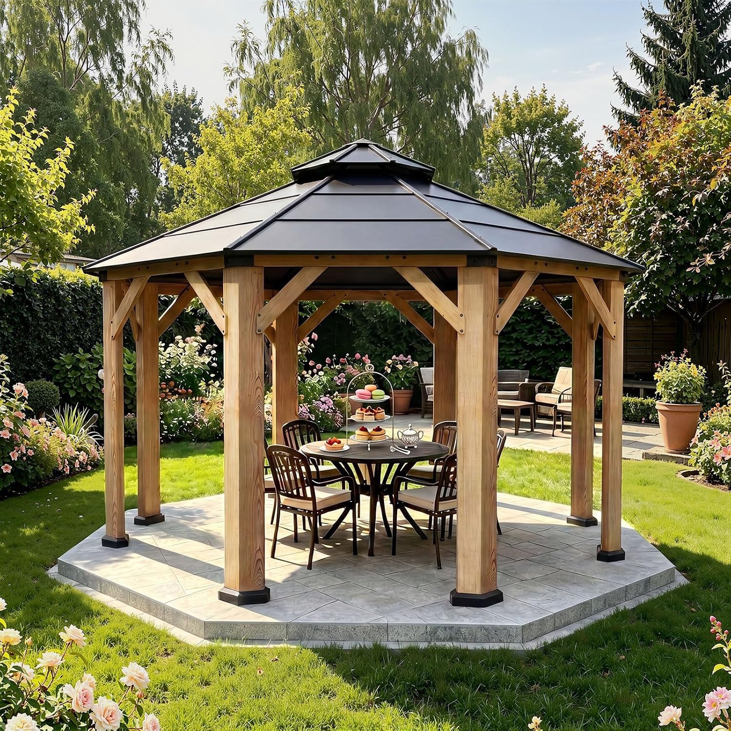 Cedar octagonal hardtop gazebo on a paved octagonal base in a leafy backyard setting