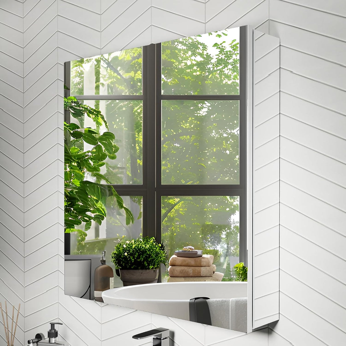 Recessed cabinet edge reflecting a large window and leafy greenery with bathtub items in foreground.