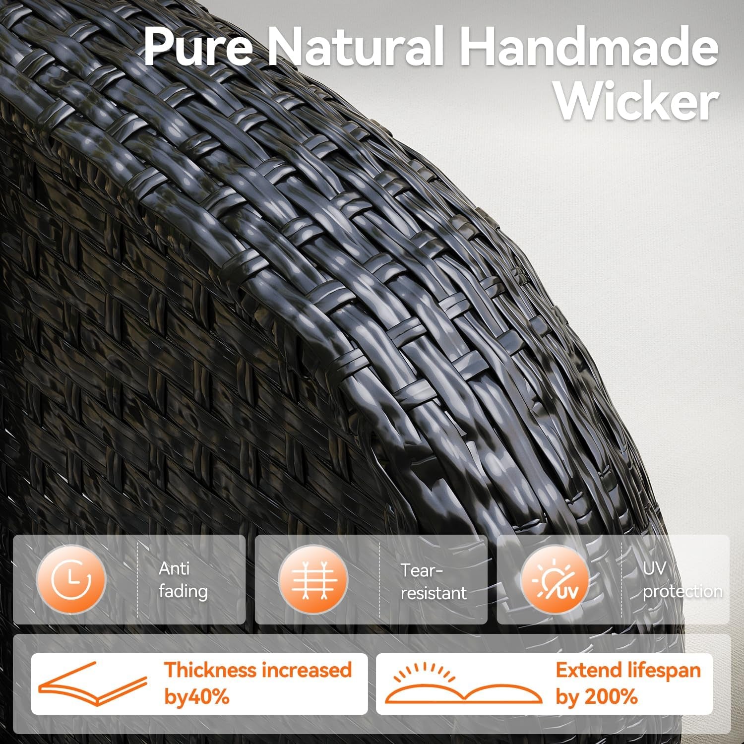 Close-up of dark brown woven wicker arm showing thick textured weave