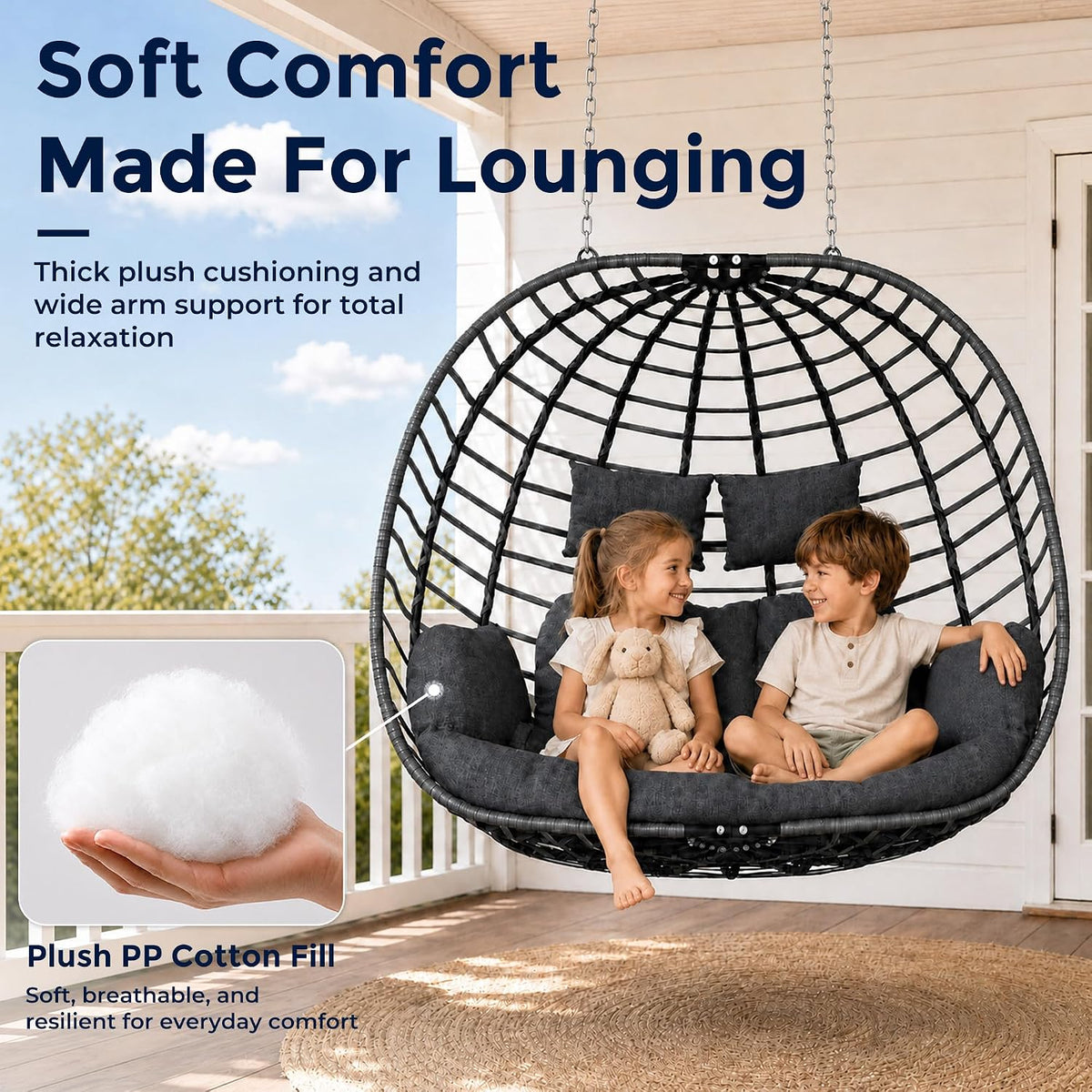 Outdoor porch scene with dark gray double egg chair holding two children and an inset showing plush fill
