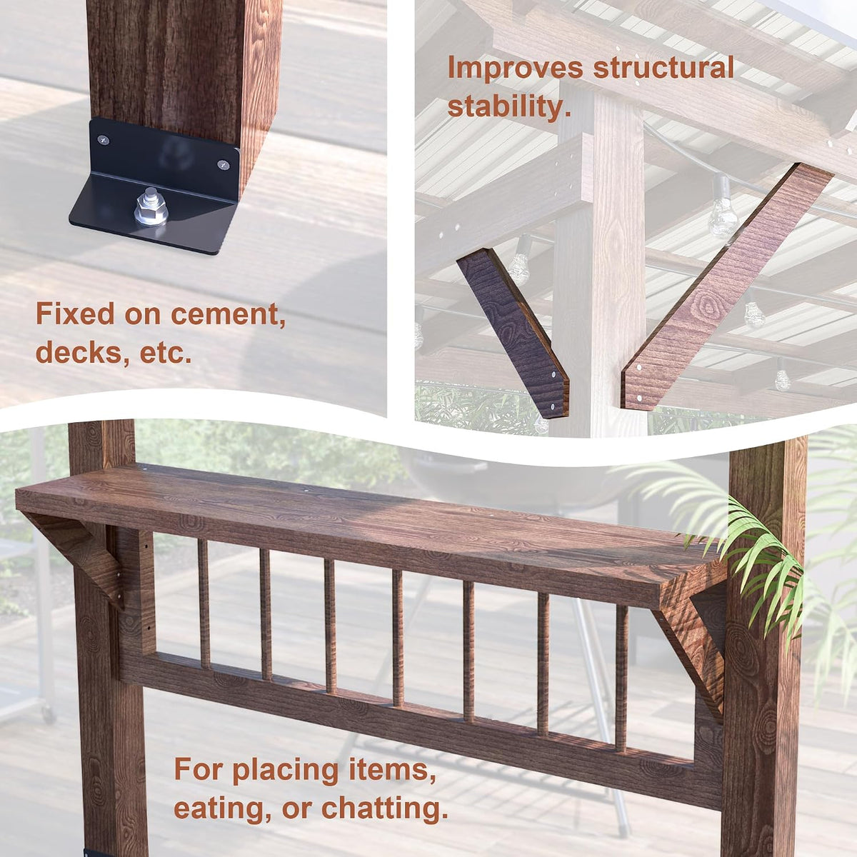 Close-up of the wooden bar counter and post base plate showing mounting bracket and wood grain detail