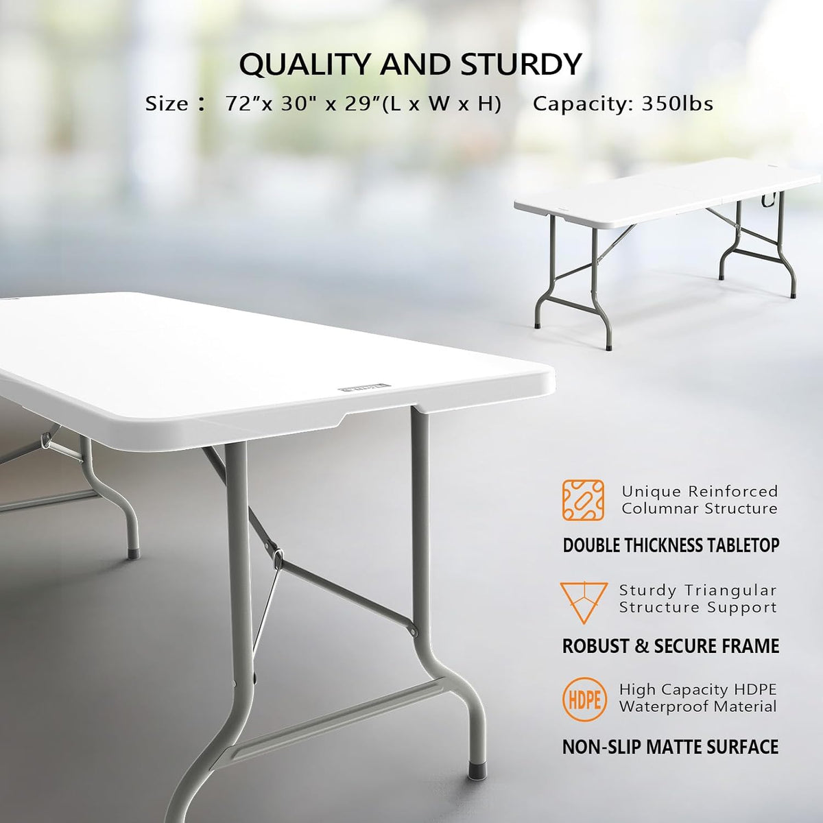 Close-up of the table edge and gray metal leg supports showing triangular brace and non-slip tabletop surface.