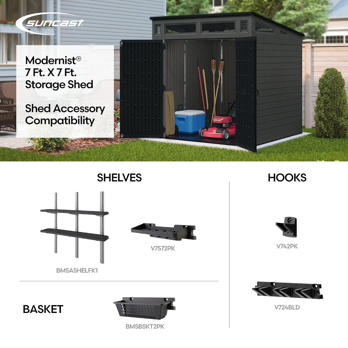 Open shed in a yard showing stored tools and a panel below illustrating compatible shelves, hooks, and basket accessories.