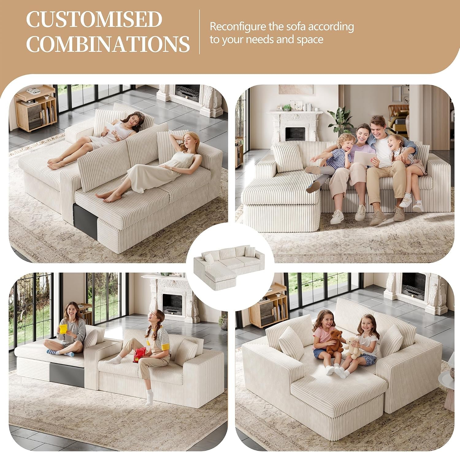 105" Boneless Couches for Living Room, Sectional Couches Modular Sofa with L-Shaped Chaise, Memory Foam Comfy Cloud Couch with Plush Corduroy Fabric, No Assembly Required, (Beige)