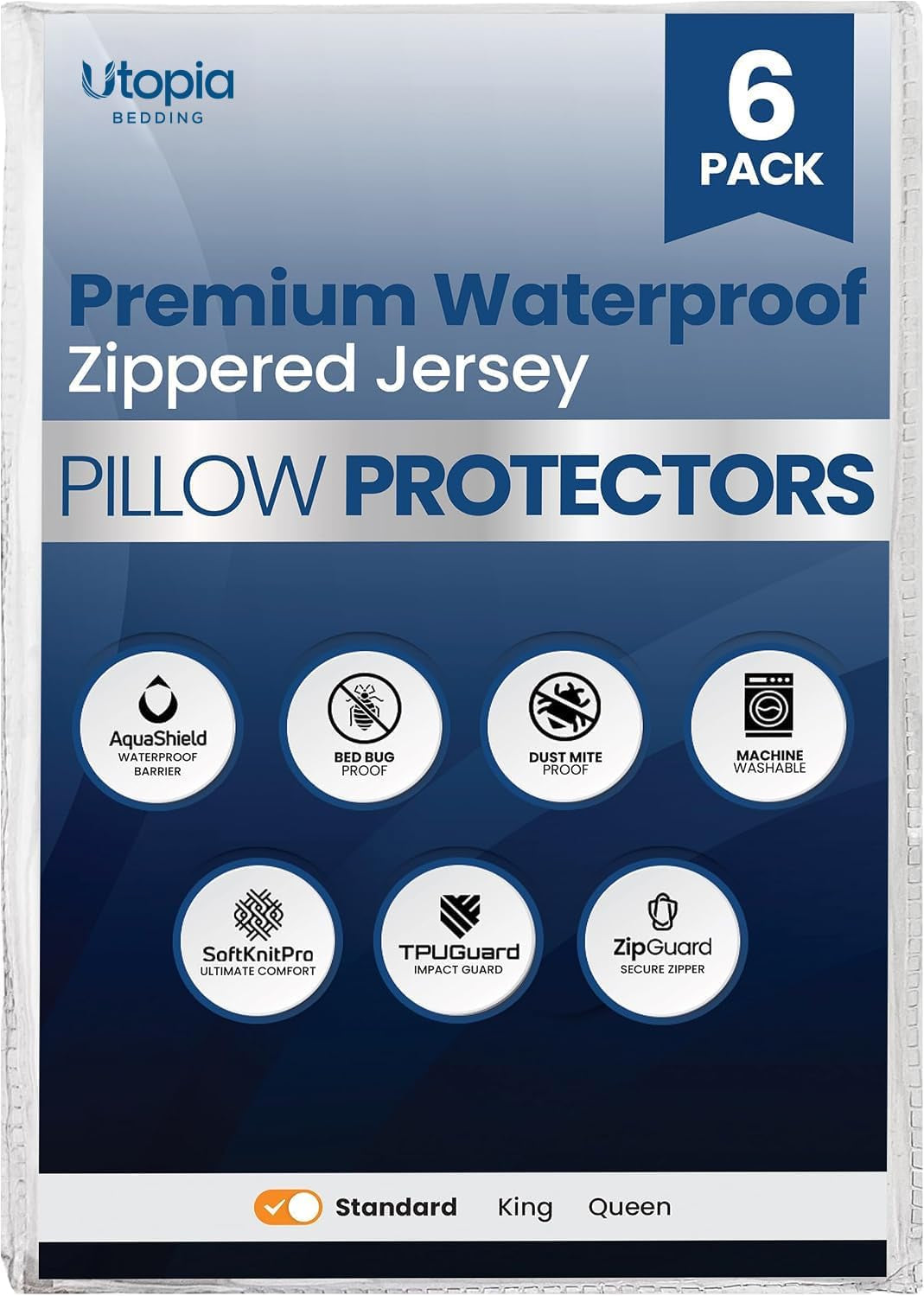 Front of a blue product package showing circular feature icons and a dark-blue banner with a corner badge