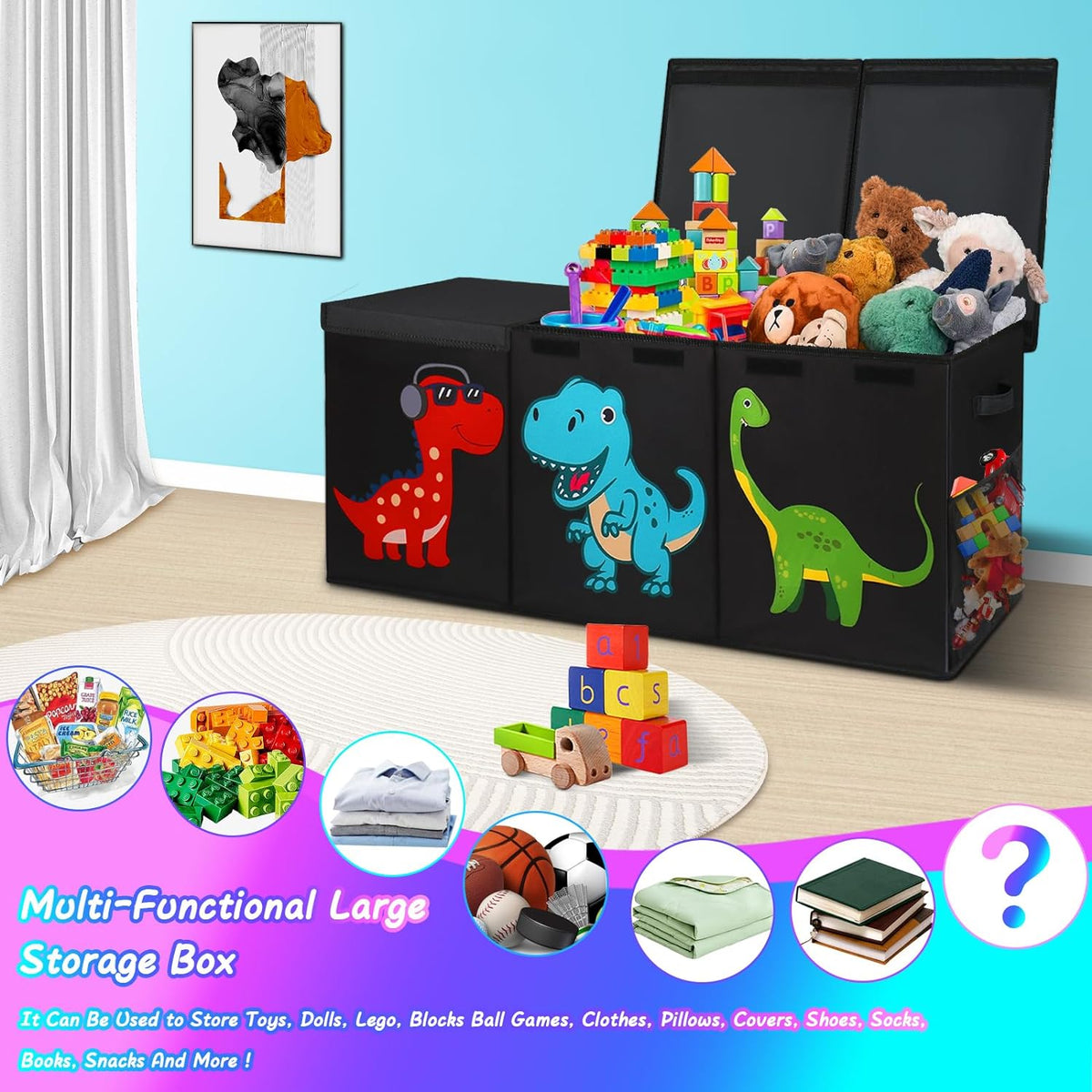 Toy storage box with dinosaur designs in a bright playroom, filled with blocks and plush toys beside a small rug