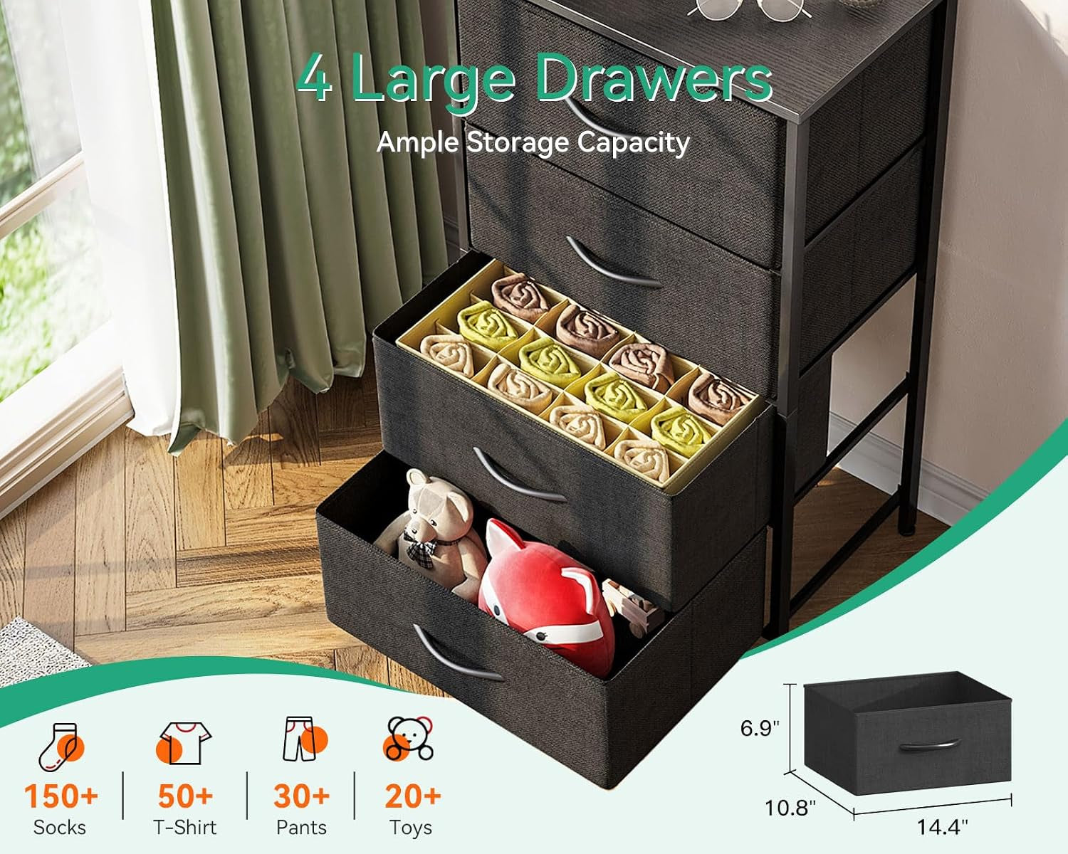 Top-down view of two open fabric drawers showing storage of towels and toys