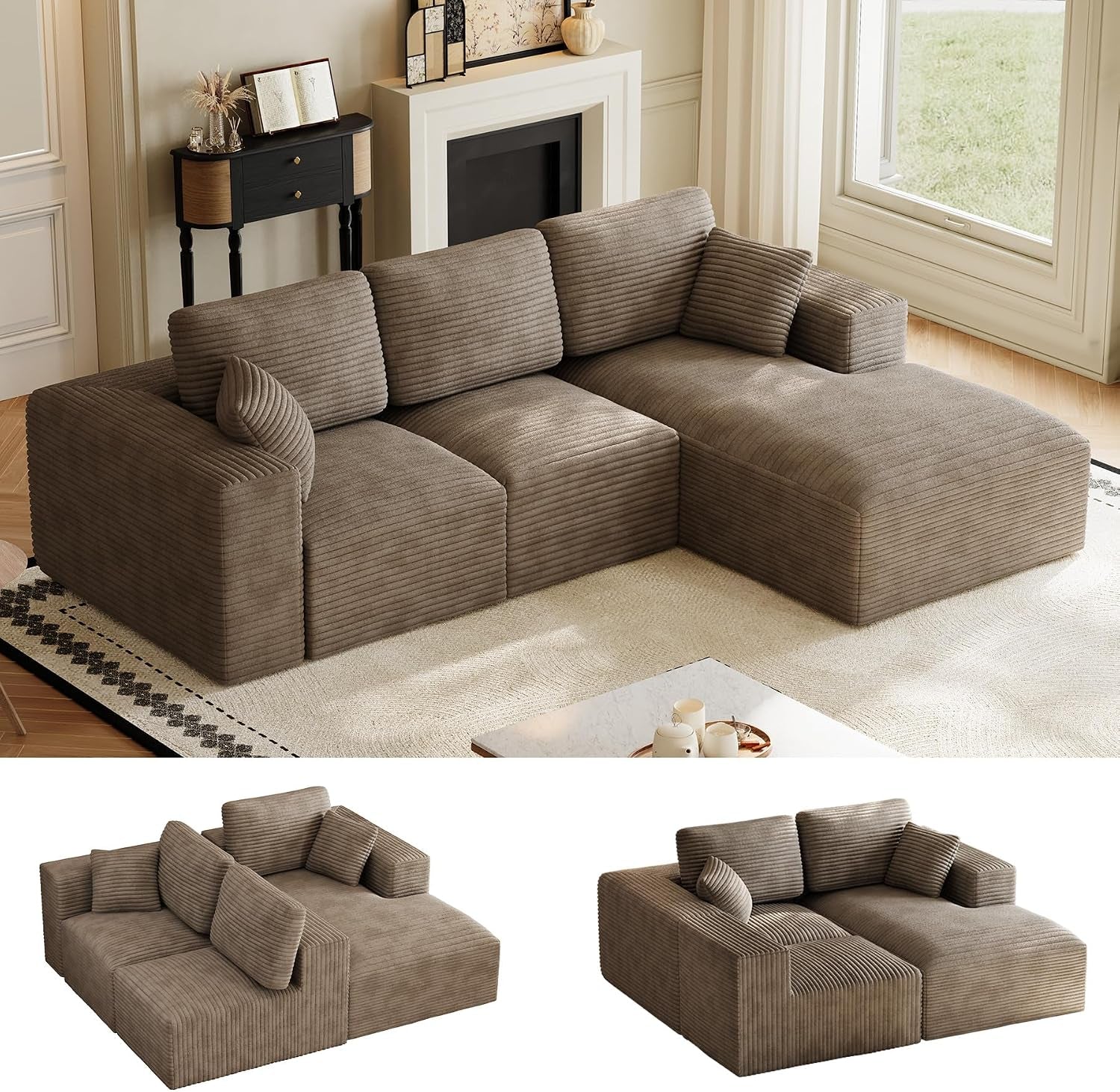 Warm brown/taupe L-shaped sectional shown in a living room plus two small studio layout views below