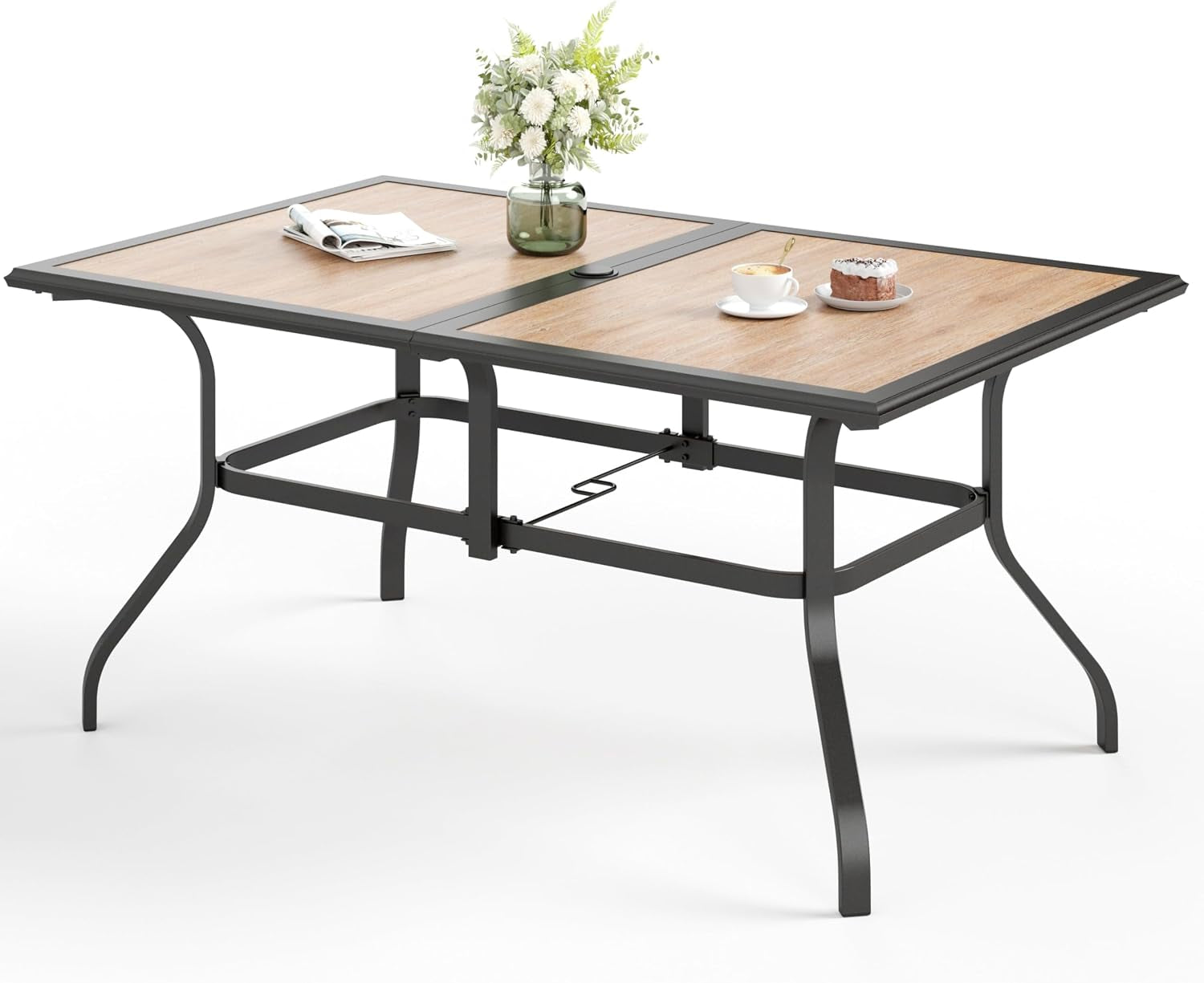 Three-quarter view of a rectangular metal outdoor table with black frame and wood-look top