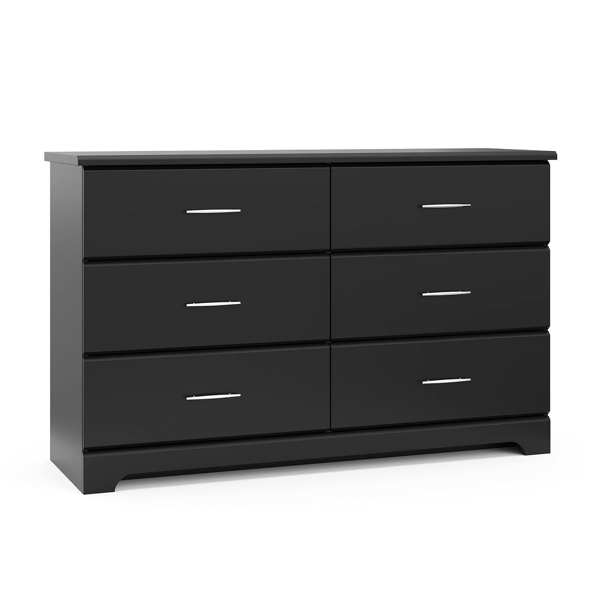 Three-quarter front view of a black six-drawer dresser with beveled top edge and arched base cutout