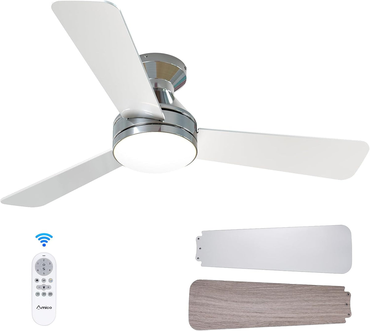 Chrome ceiling fan from below showing bright light, remote and stacked pale blade panels at the edge