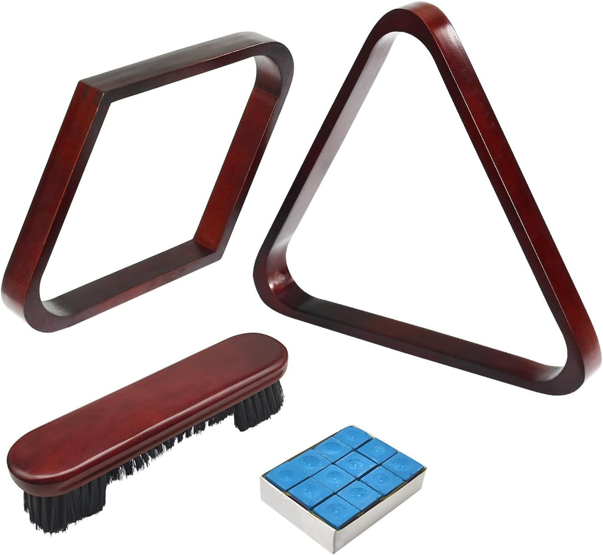 Angled product group shot of two reddish-brown wooden racks, a matching brush and a tray of blue chalk cubes.