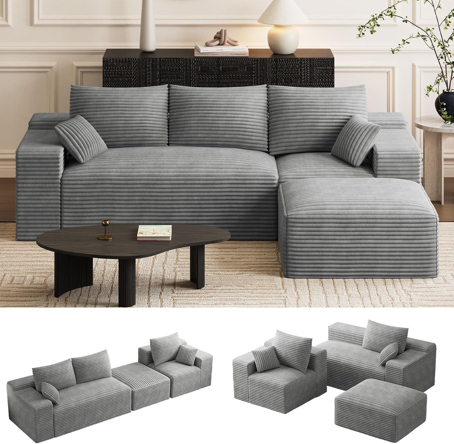 Gray sectional front view with three smaller images below showing alternate modular arrangements.