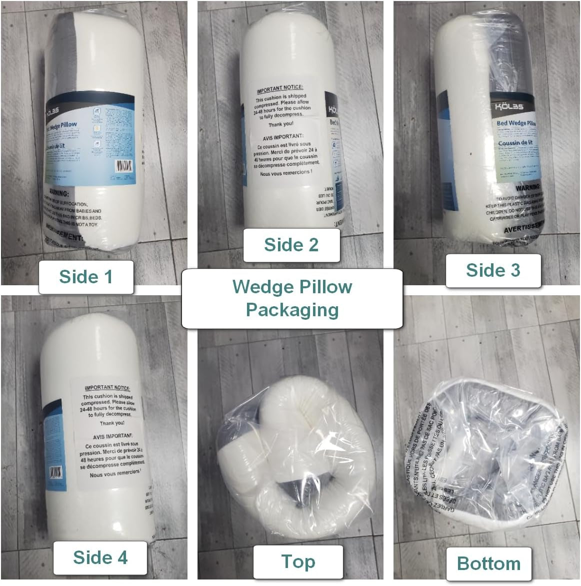 Six-panel collage of the wedge pillow rolled and shrink-wrapped showing top, bottom and four sides.