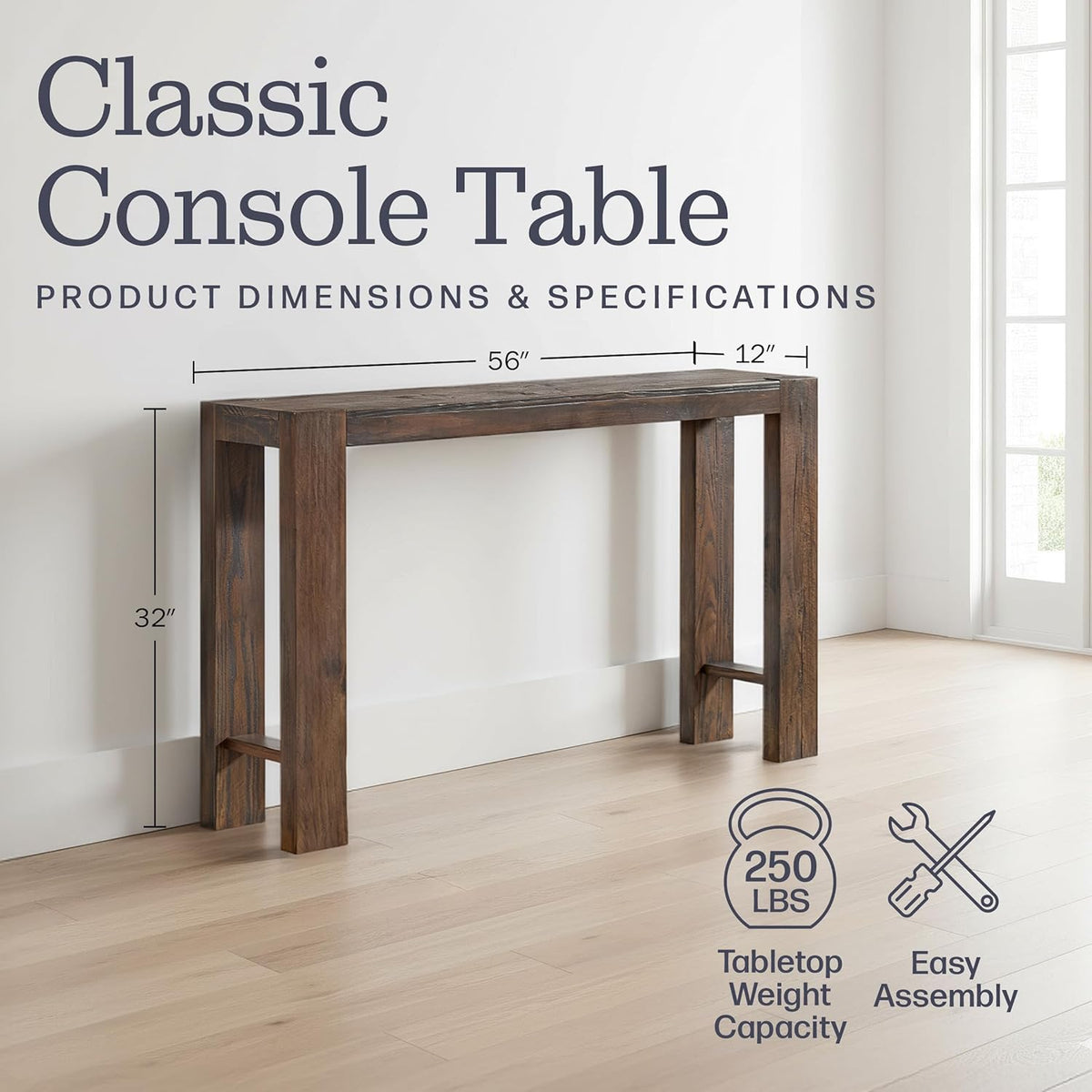 Brown solid pine console table against a white wall with dimension callouts and a tabletop weight icon