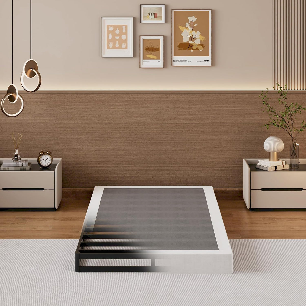 Centered front-facing shot of a king slatted bunkie board with black metal slats fading into a white mattress border on a