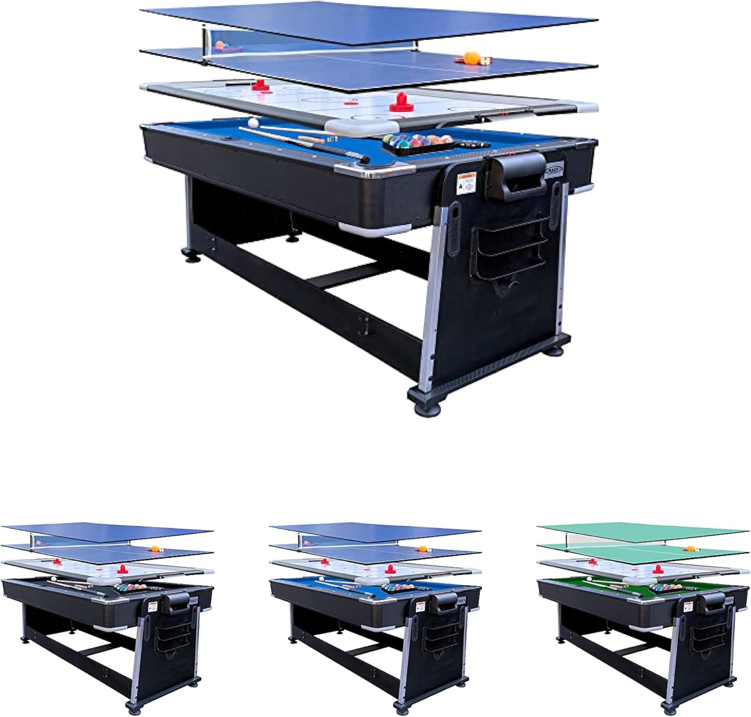 3-in-1 game table exploded view showing blue conversion tops for pool, table tennis and air hockey