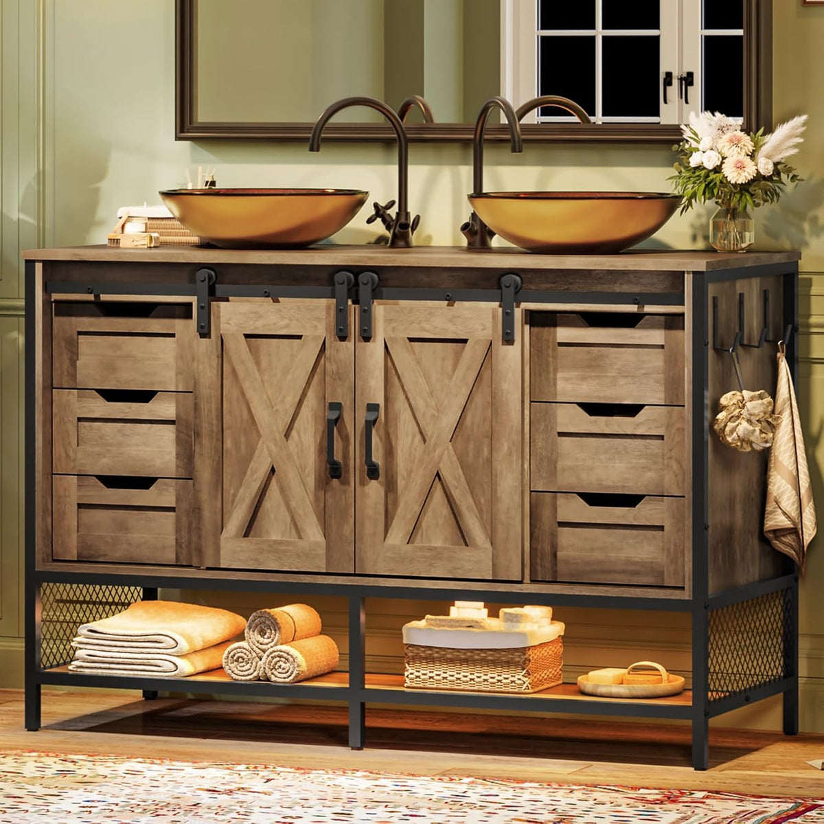 Rustic farmhouse double-sink bathroom vanity with sliding barn doors, vessel sinks, open lower shelf and side hooks.