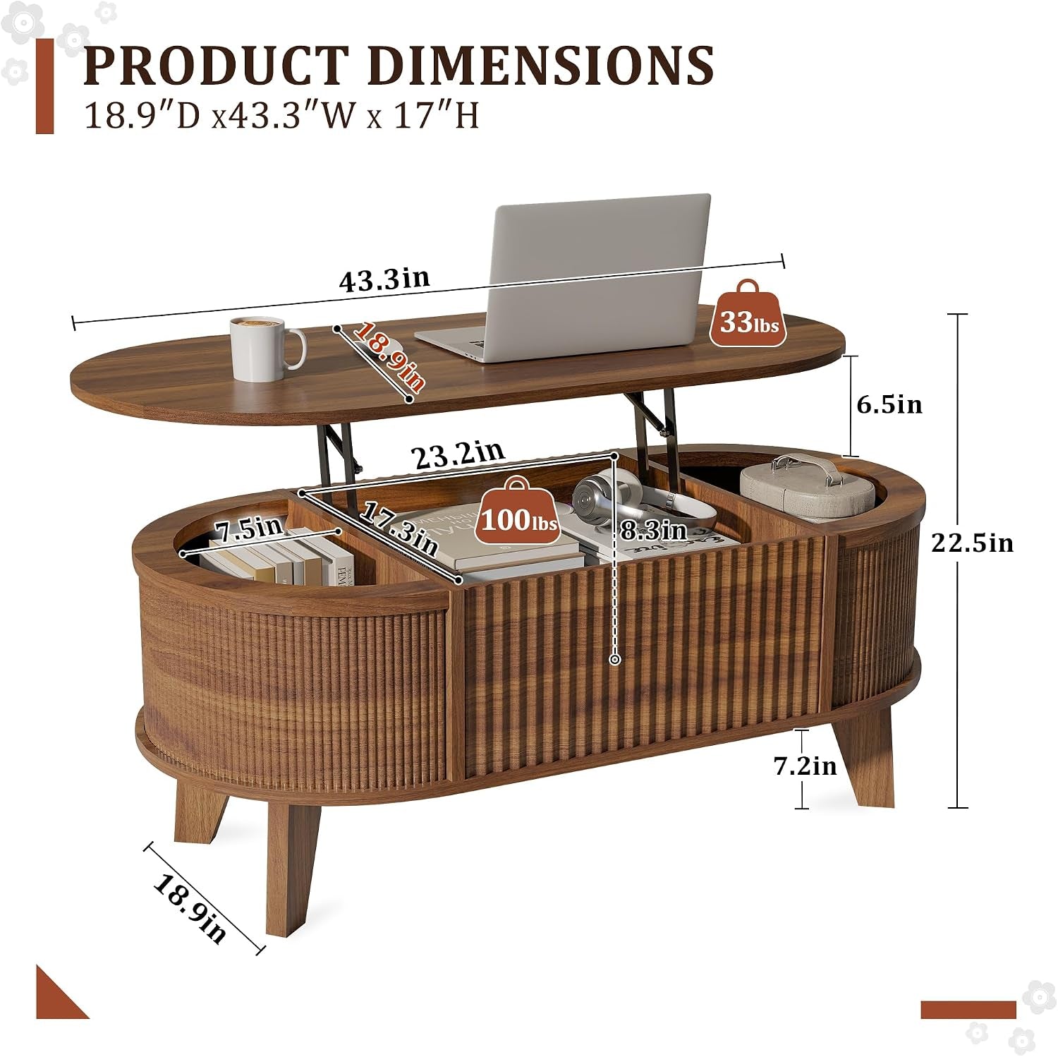 Diagram view showing product dimensions 43.3in wide and lift-top height with storage compartments visible