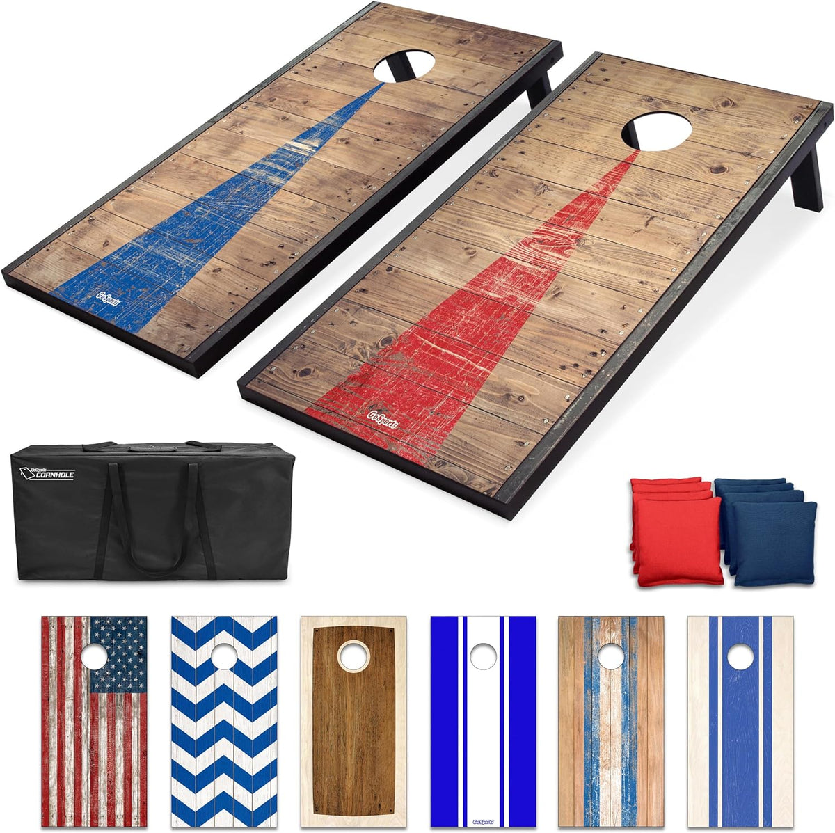 Two folding cornhole boards shown with a black carrying case, eight red and blue bean bags and multiple board graphics