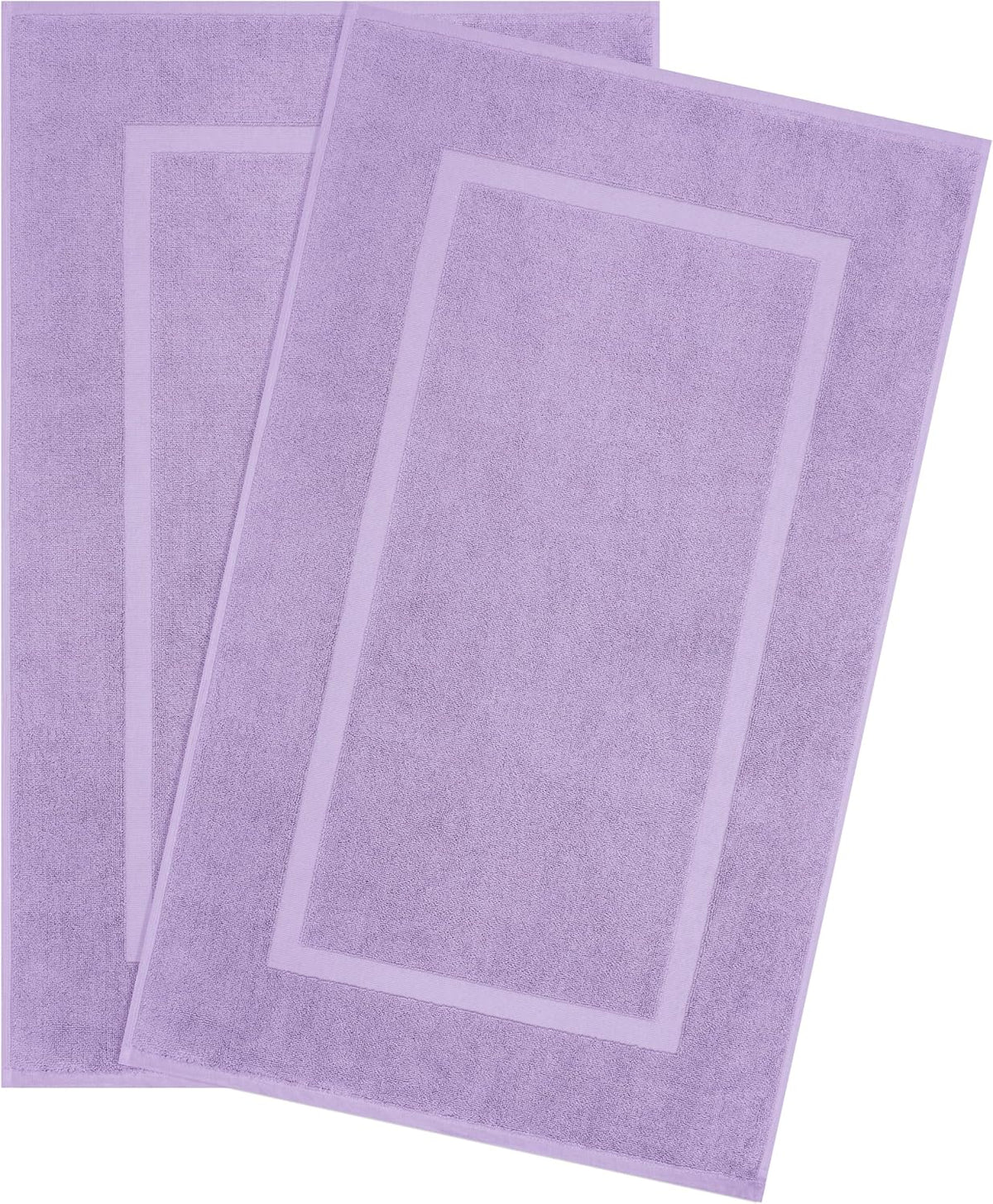 Two overlapping rectangular lavender bath mats showing bordered inset panels