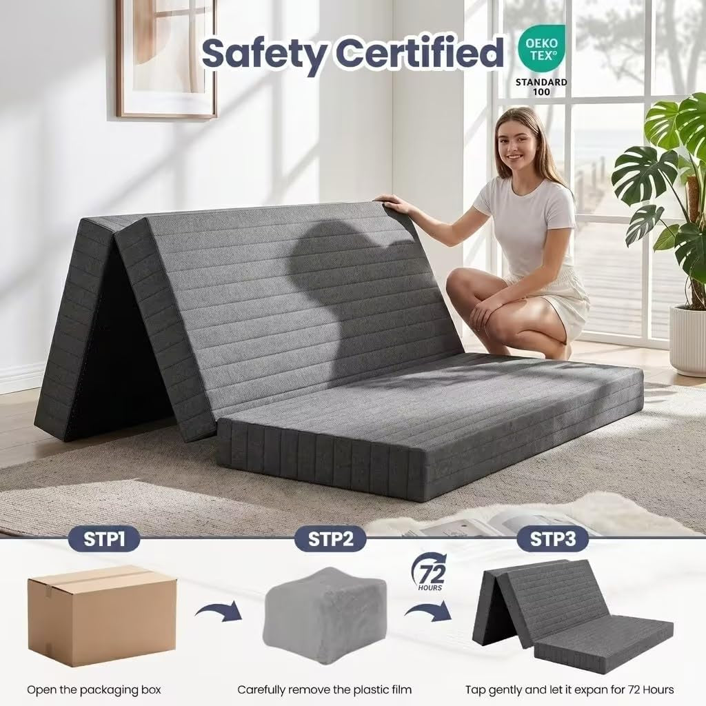 Foldable mattress shown partially folded into a triangle with woman beside it and step icons along bottom