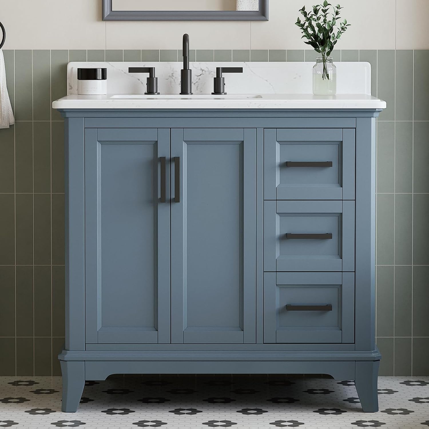 Front view of a steel blue vanity with black handles, two center doors and three stacked drawers on the right.