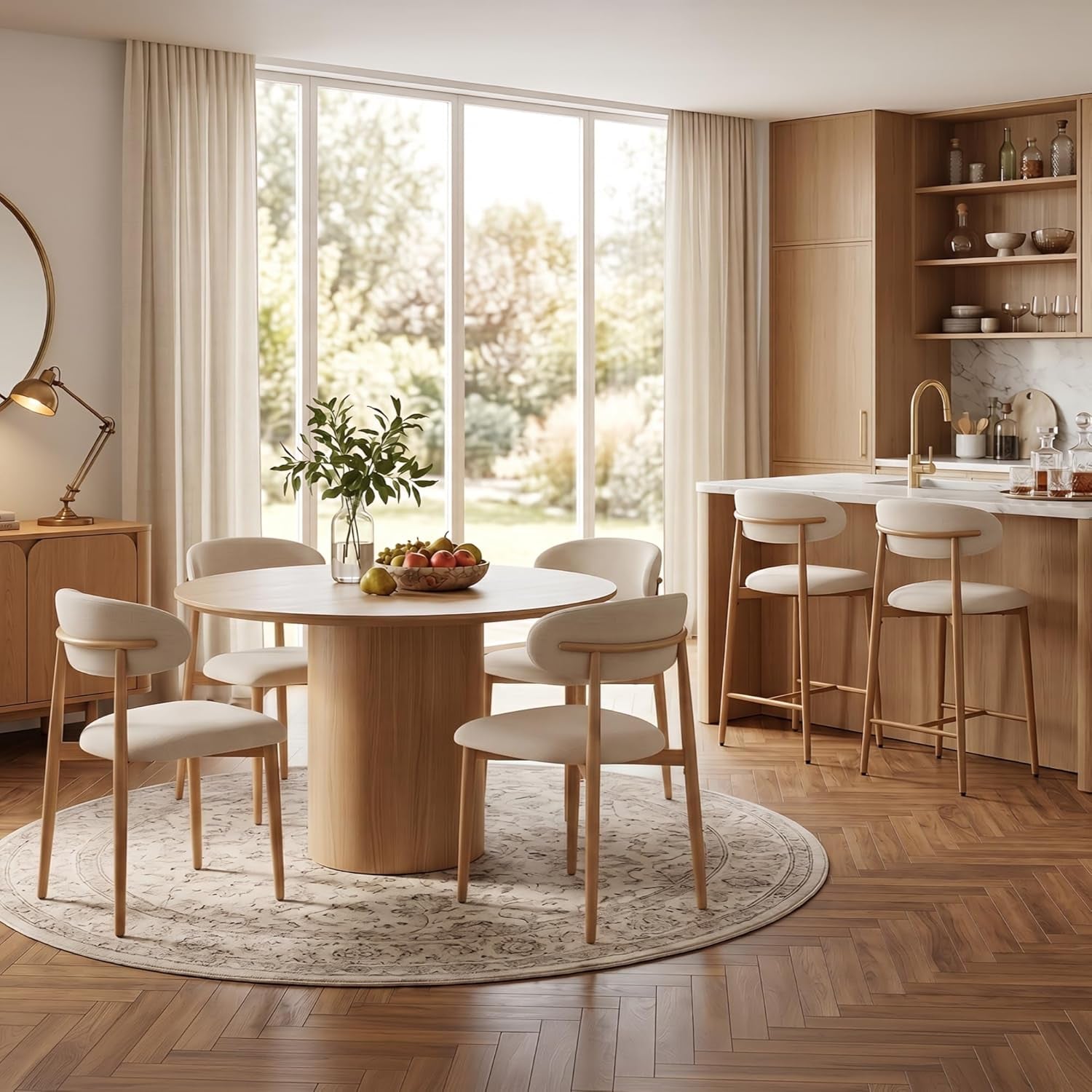 Beige upholstered dining chairs with matching counter stools arranged around a round table and kitchen island