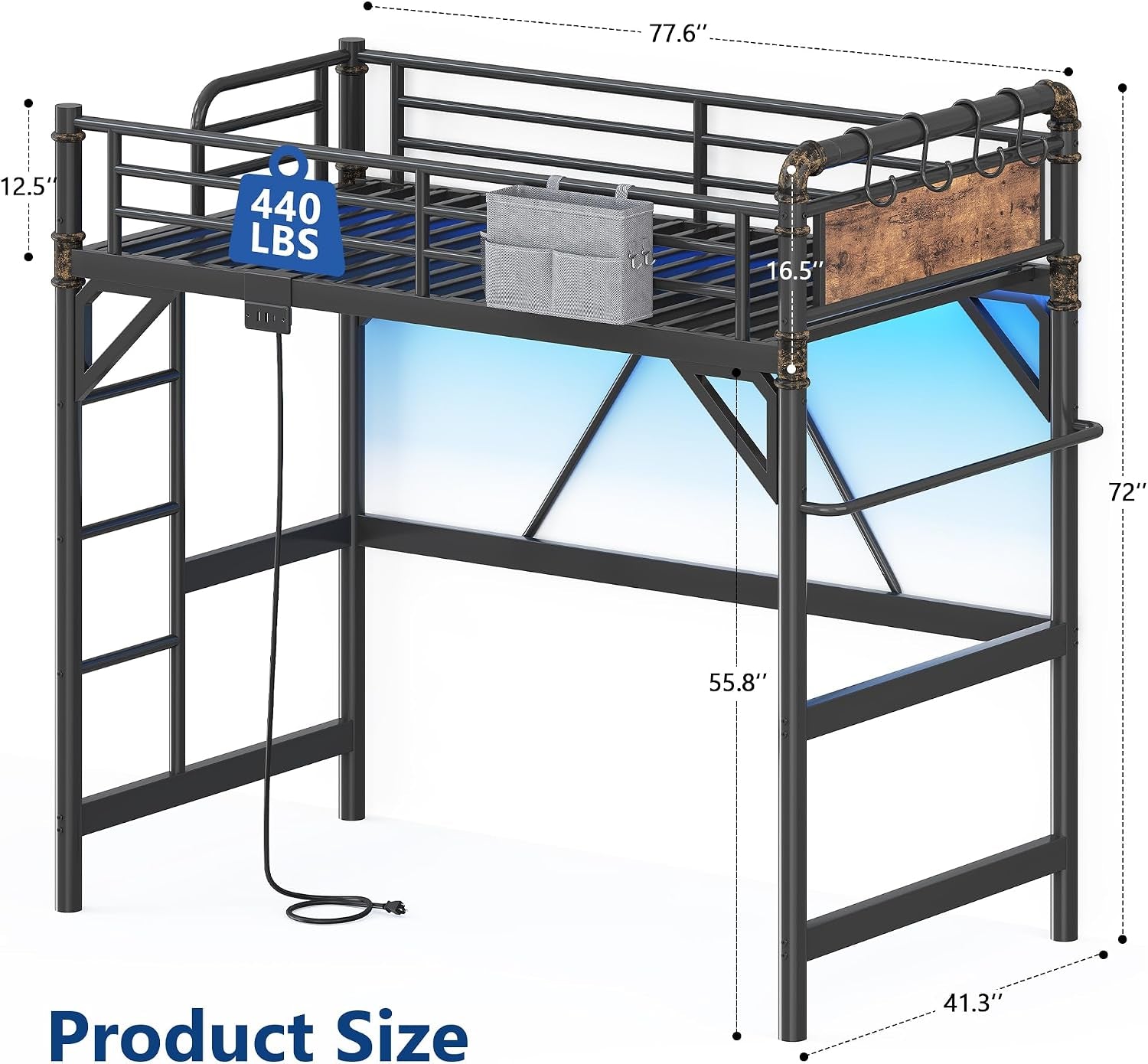 Straight-on view of loft bed with annotated height and width dimensions and a hanging power cord