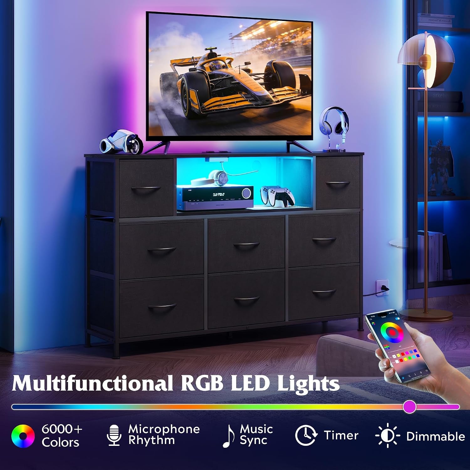 Dresser with RGB LED lights surrounding TV showing color control via smartphone