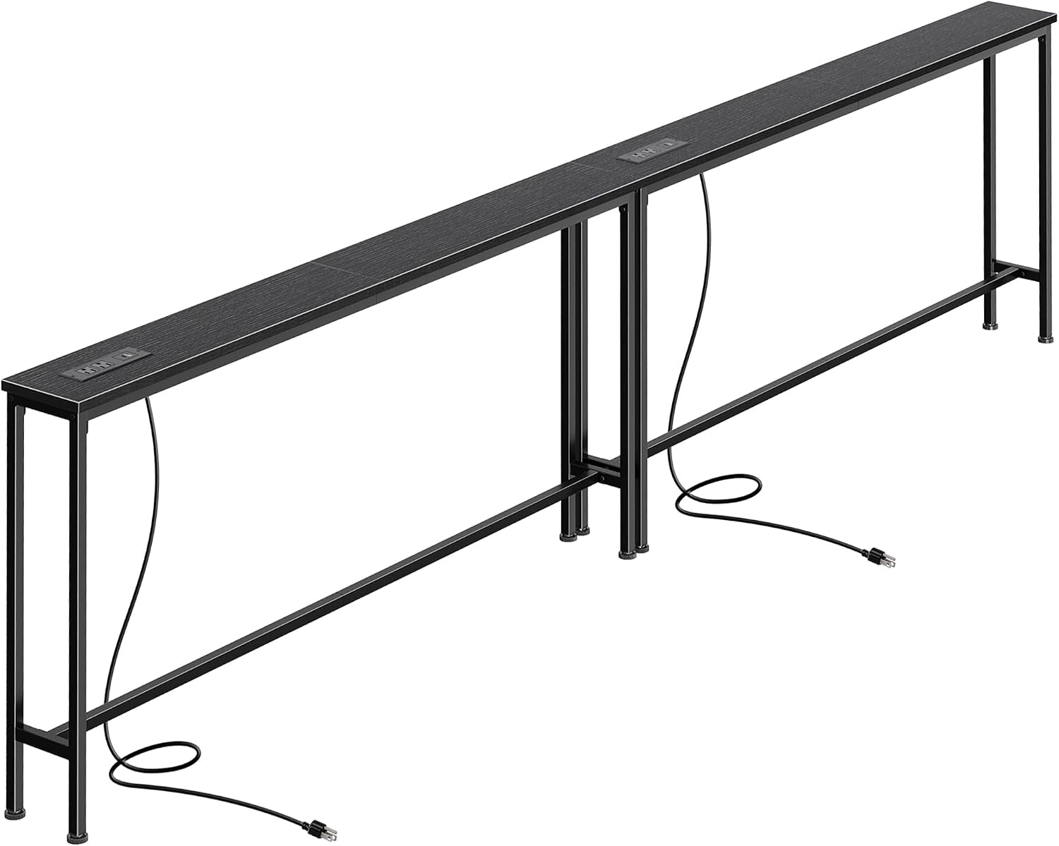 Slim console table with dark black textured top and black metal legs, showing power cord and outlet panel