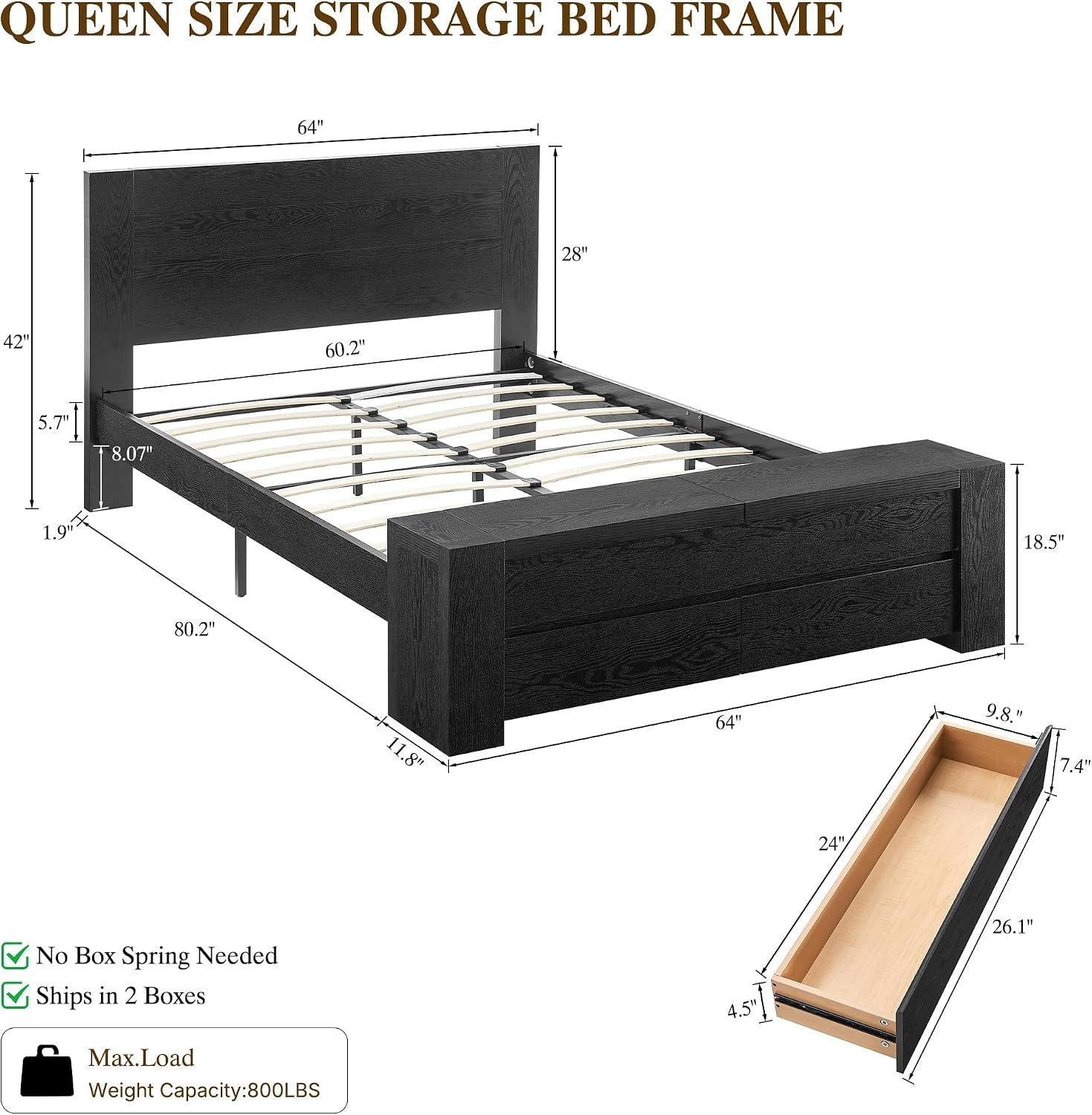Illustration of bed frame with slatted support and dimensional callouts plus a long storage drawer detail