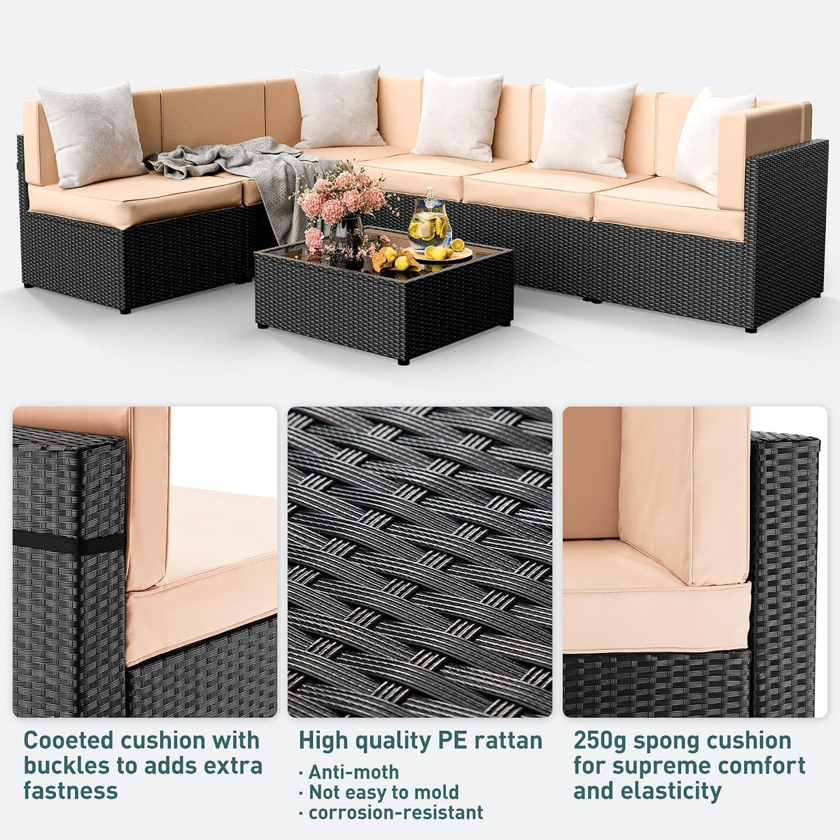 Close-up panels showing dark PE rattan weave, beige cushion detail, and the glass-top coffee table from multiple angles