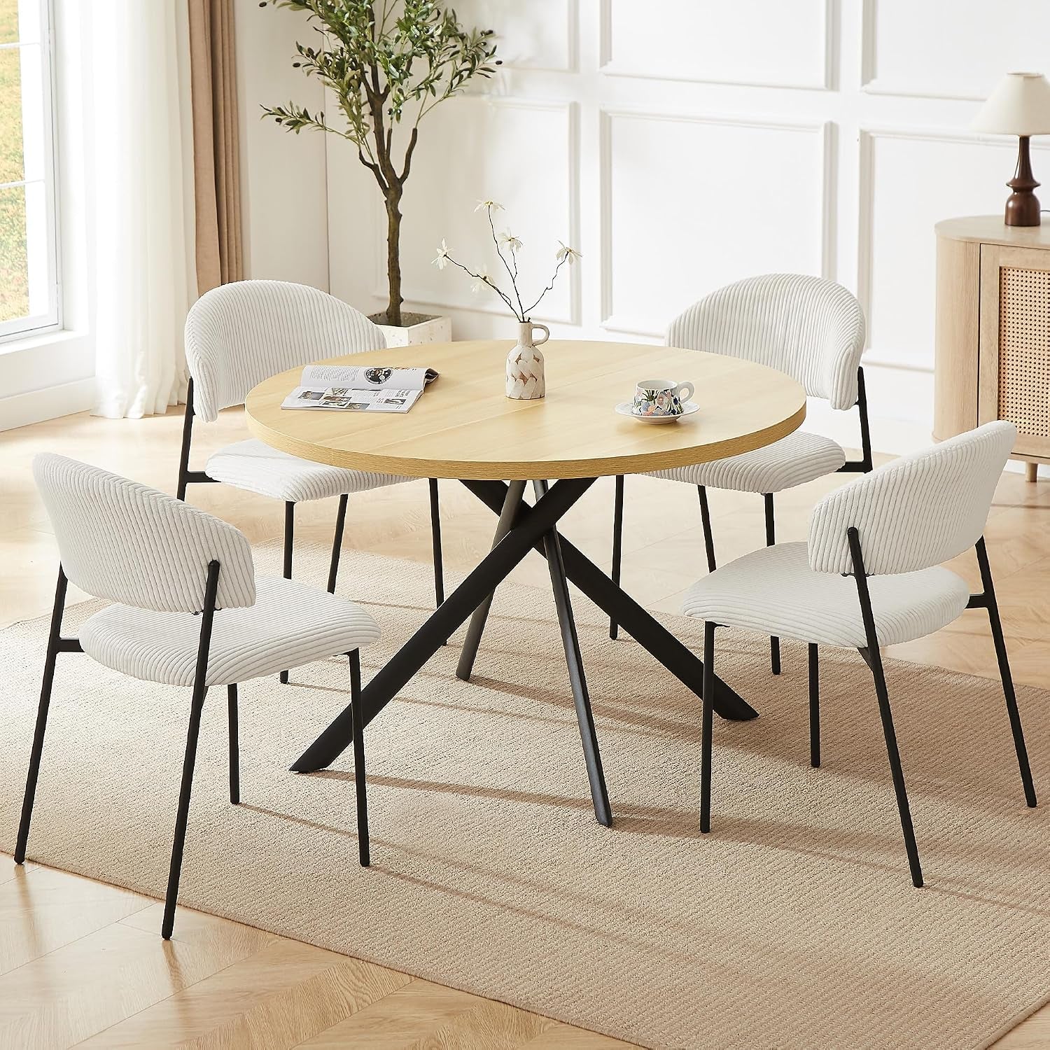 HIPIHOM 45.3 Inch Round Dining Table Set for 4, Mid Century Modern MDF Coffee Set for Dining Room Kitchen, gallery view 10