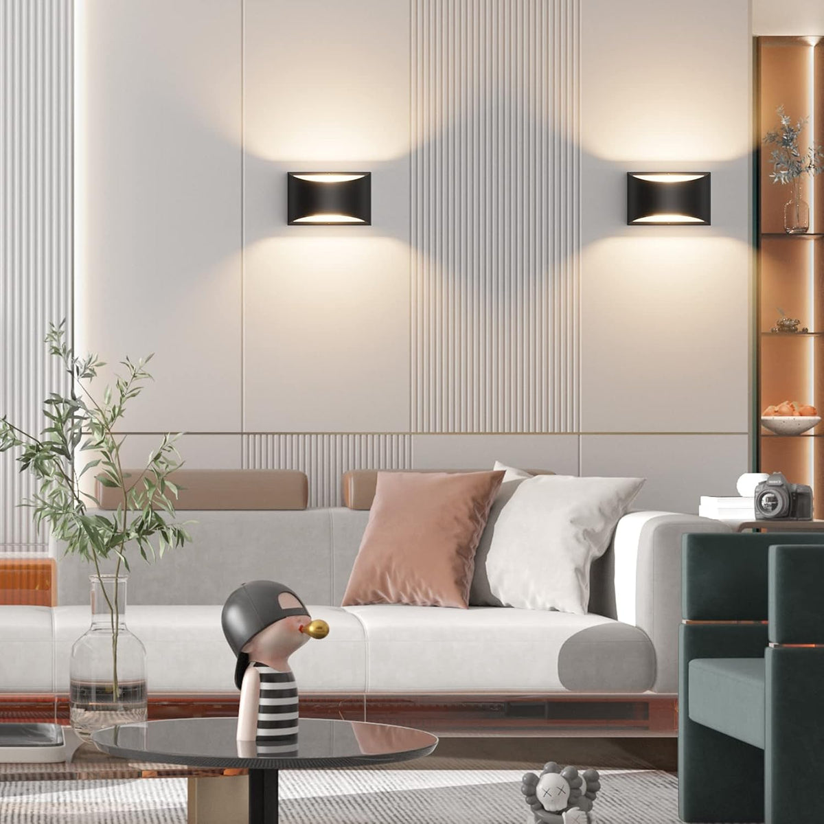 Stylized living room image with two black up/down sconces on a paneled wall casting symmetrical light