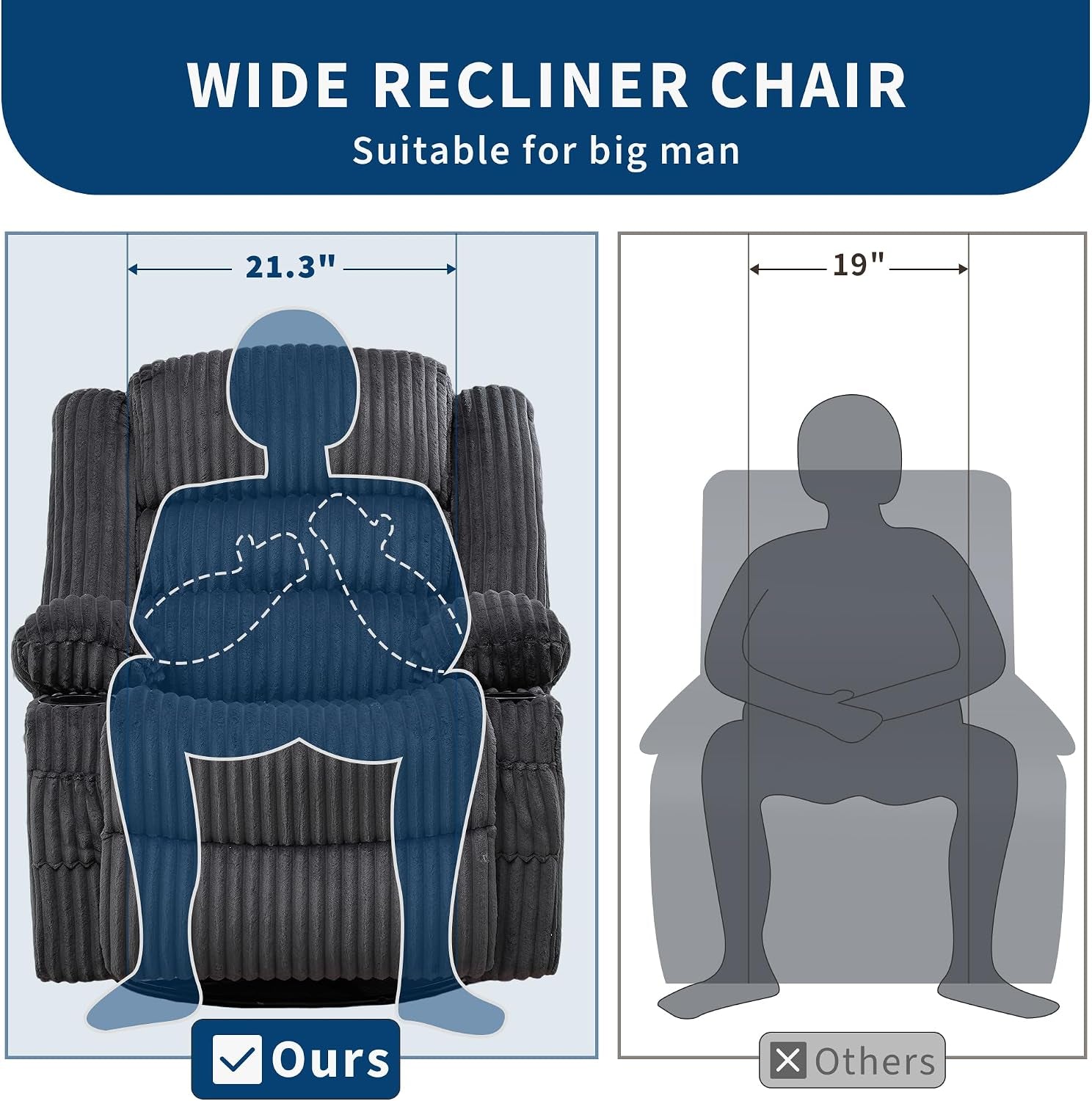 Front-facing comparison diagram showing the chair's seating area and width illustrated against a silhouette