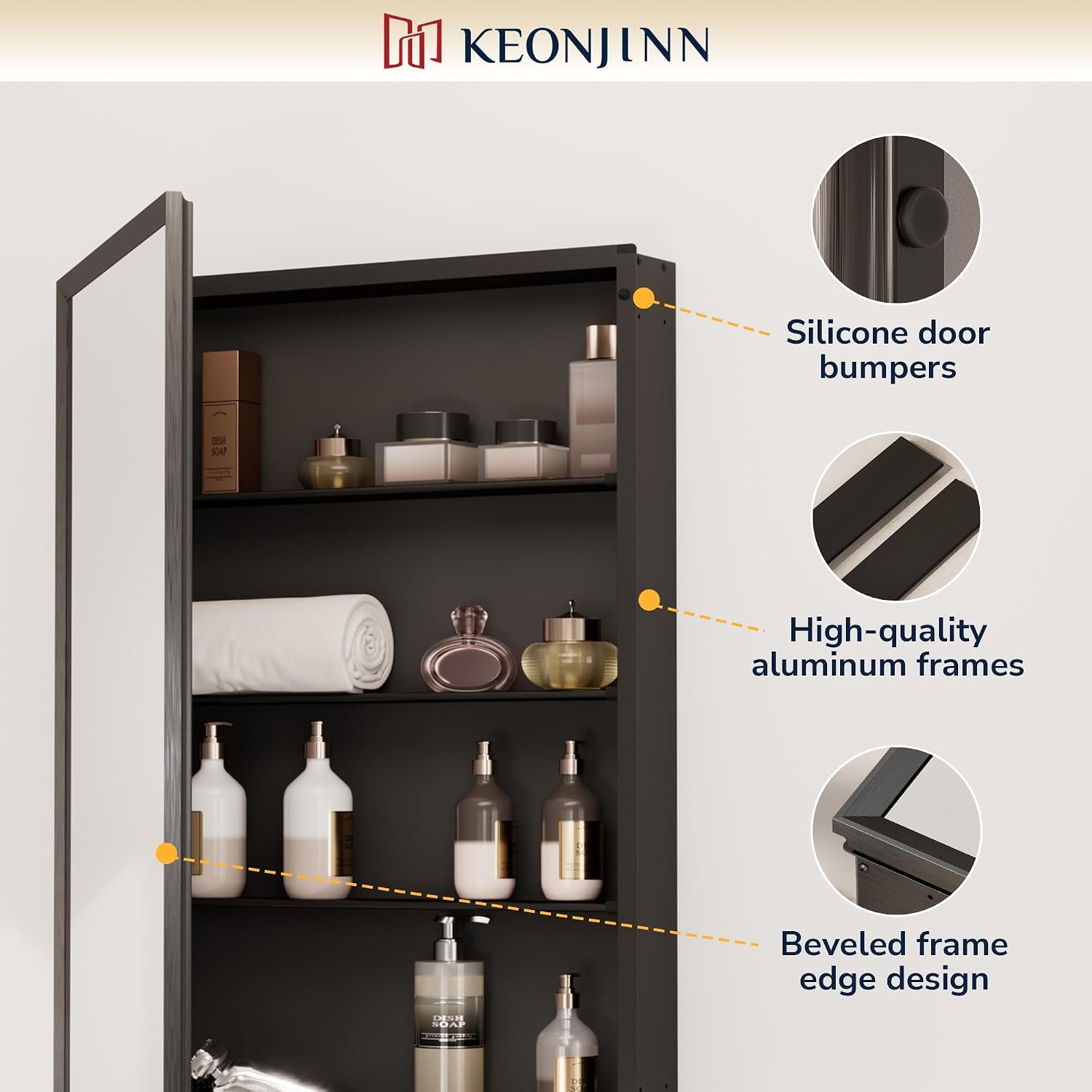 Open dark medicine cabinet showing interior shelves and close-ups of frame, bumper, and beveled edge.