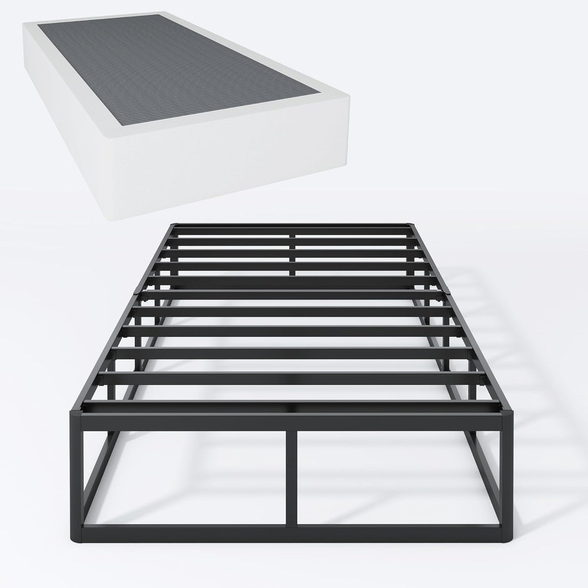 Head-on view of a black rectangular slatted frame showing even slat spacing and open perimeter rails.