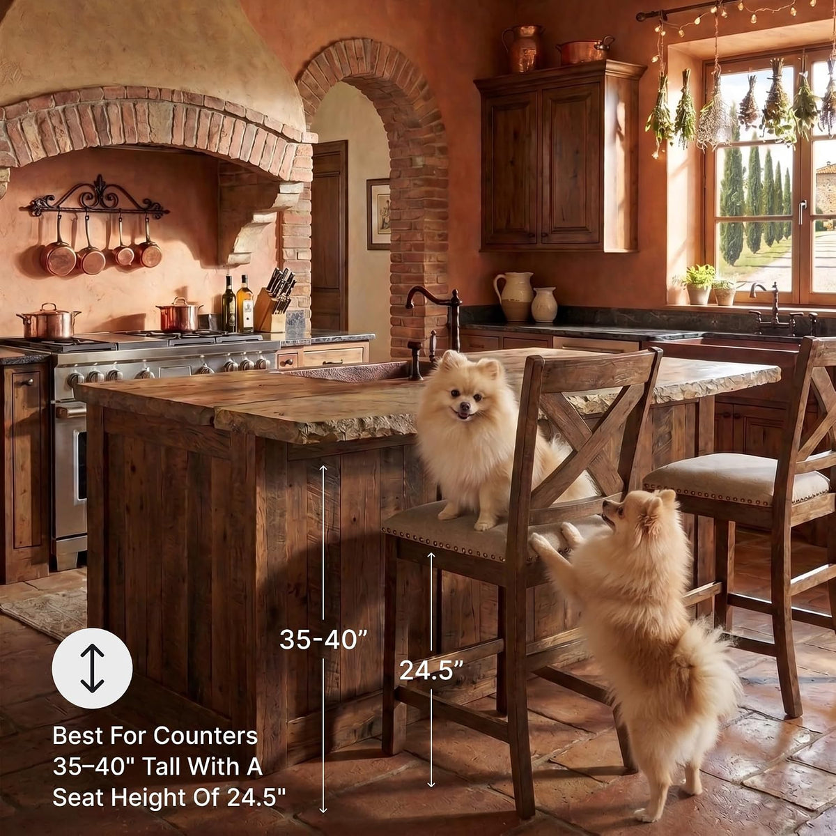 Pair of beige upholstered counter stools at a rustic island in a warm kitchen setting with two small dogs nearby