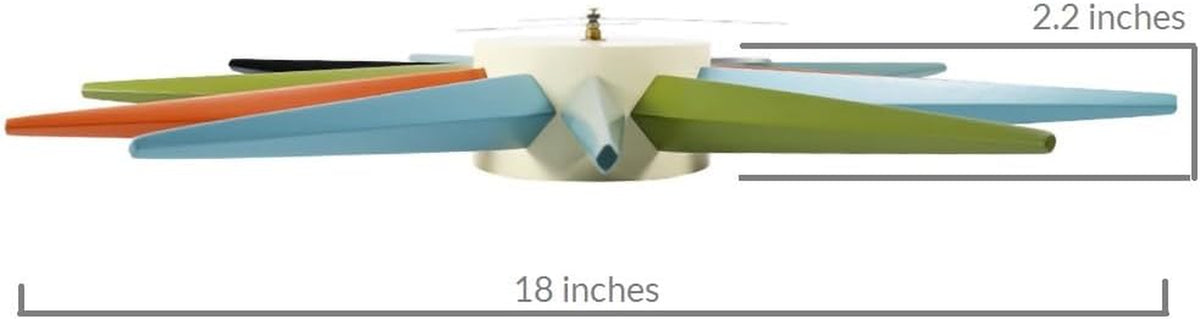 Profile diagram view of the clock showing the 18 inch diameter and 2.2 inch depth measurements across colored wood spokes