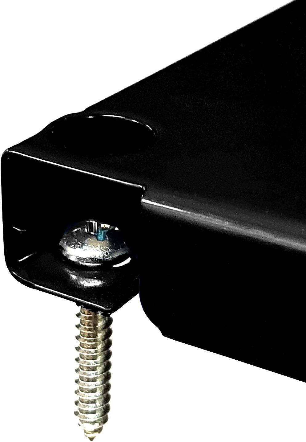 Close-up of a black metal shelf bracket edge showing a screw fastener and threaded screw tip.