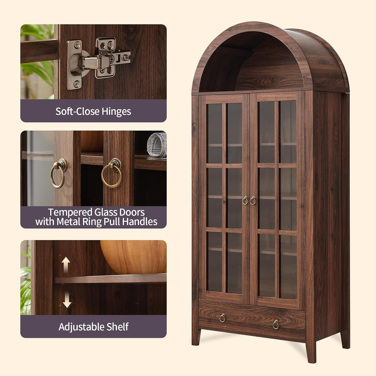 Feature collage showing hinge hardware, metal ring pull handles and adjustable shelf positions on the cabinet